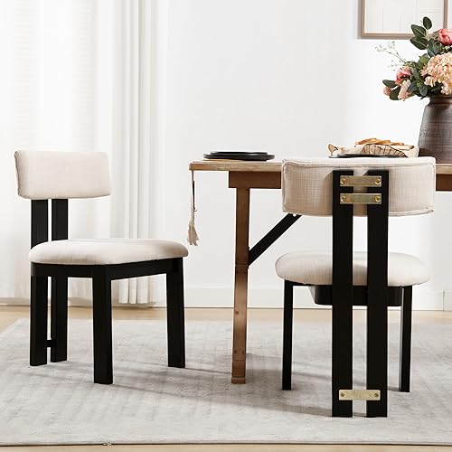 Miniatura 15 de Juego de 6 Sillas de Comedor de Madera con Lino, Sillas Modernas de Estilo Casa de Campo para Comedor y Cocina con Respaldo Curvado y Patas de Lino