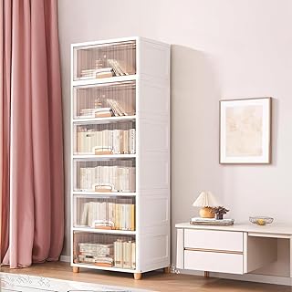 𝟔 𝐓𝐈𝐄𝐑 Plastic Rack for Storage Cupboard with Clear Door | Book Shelf & Multipurpose Storage Almirah Wardrobe Organizer for Clothes, Books, Toys, Kitchen, Bedroom, Bathroom, Office - BEIGE