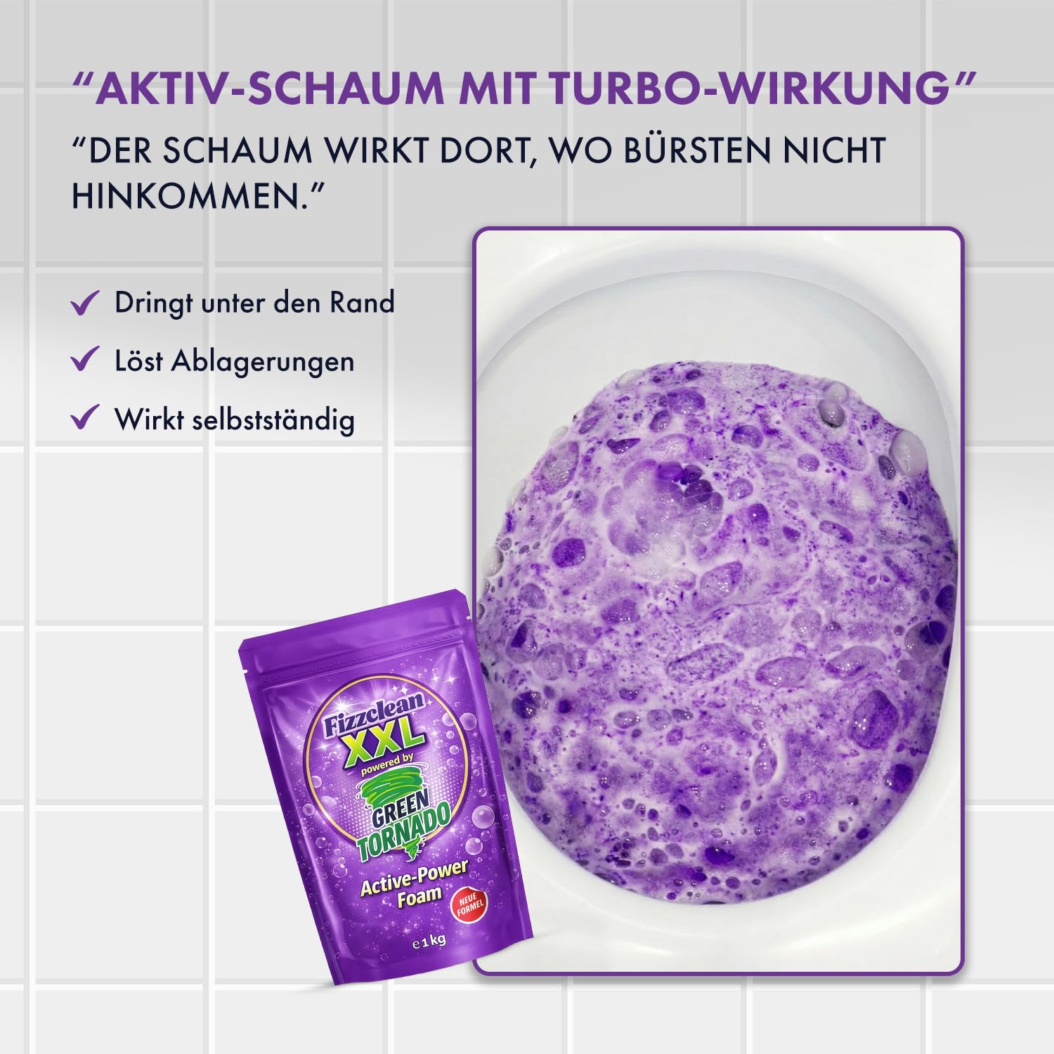 Fizzclean WC-Reiniger | Toilettenreiniger Extrem Stark – WC-Reiniger Schaum gegen Urinstein, Kalk & Ablagerungen | WC-Schaumreiniger | Alternative zu WC-Reiniger Gel & Tabs | Inhalt: 1 kg WC-Pulver