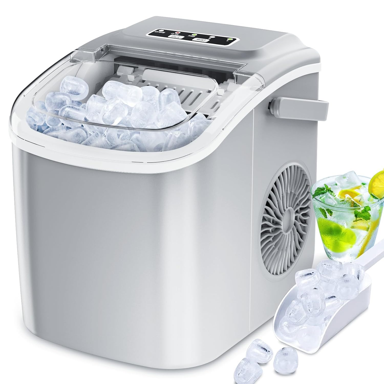 Countertop Ice Maker, Portable Ice Maker Machine with Carry Handle, Self-Cleaning Ice Makers, 9 Pellet Ice in 6 Mins, 26.5Lbs/24H with Ice Bags and Ice Scoop Basket for Home Bar Camping RV(Grey) Bullet Ice - 26.5lbs Grey with Handle 1