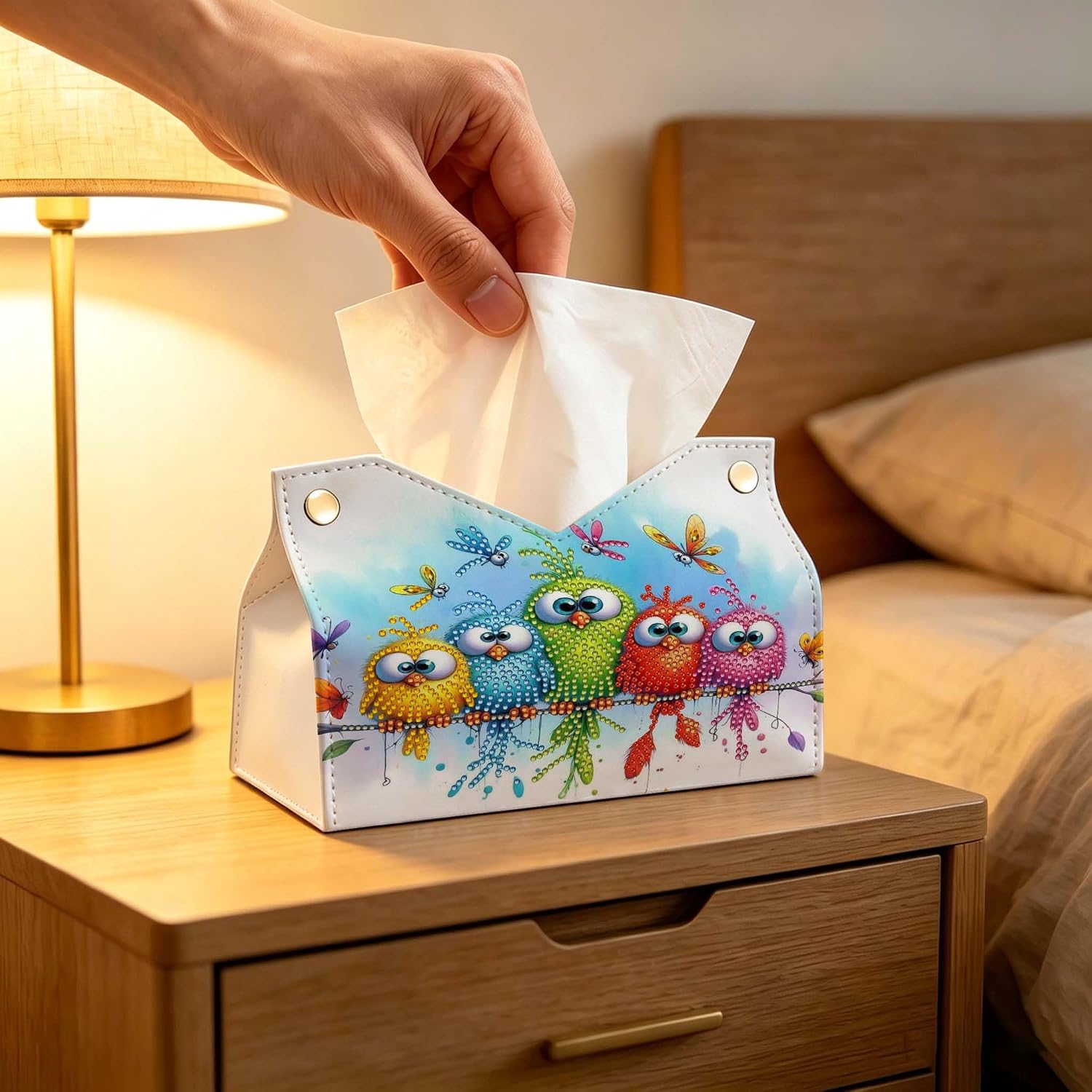 Large Diamond Art Painting Tissue Box Cover for Adults – DIY Rhinestone PU Leather Storage Organizer,Gem Art Home Office Decor Craft Gift for Women 9.4x6.3x5.1Inch(Colorful Cute Birds) image 3