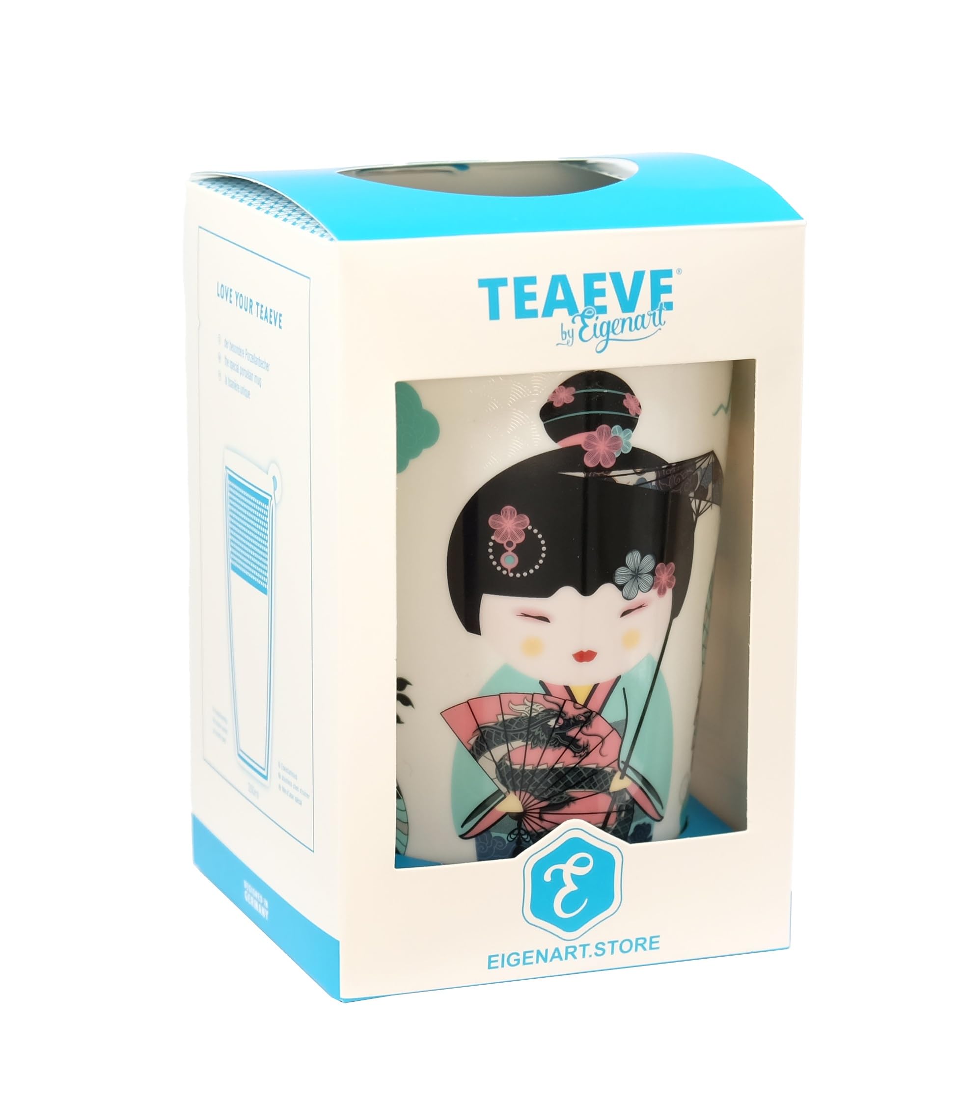 Eigenart Teaeve 80065 Sweet Little Geisha Water Tasse à double paroi en porcelaine avec couvercle et passoire en acier inoxydable sans BPA 350 ml