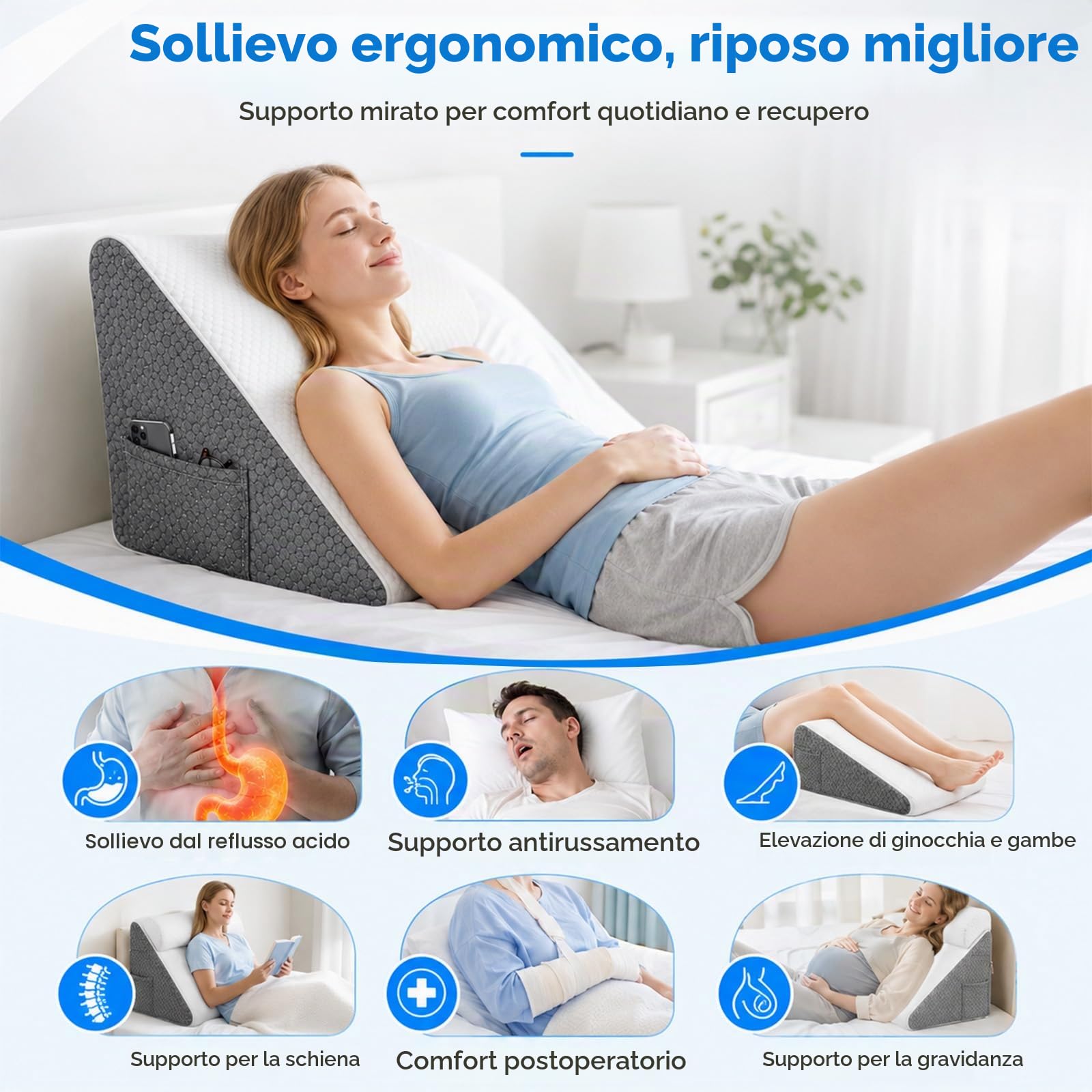Cuscino a cuneo in memory foam, cuscino triangolare inclinabile con cuscino cervicale, lavabile, per collo, gambe, schiena, dormire, lettura, post recupero gravidanza