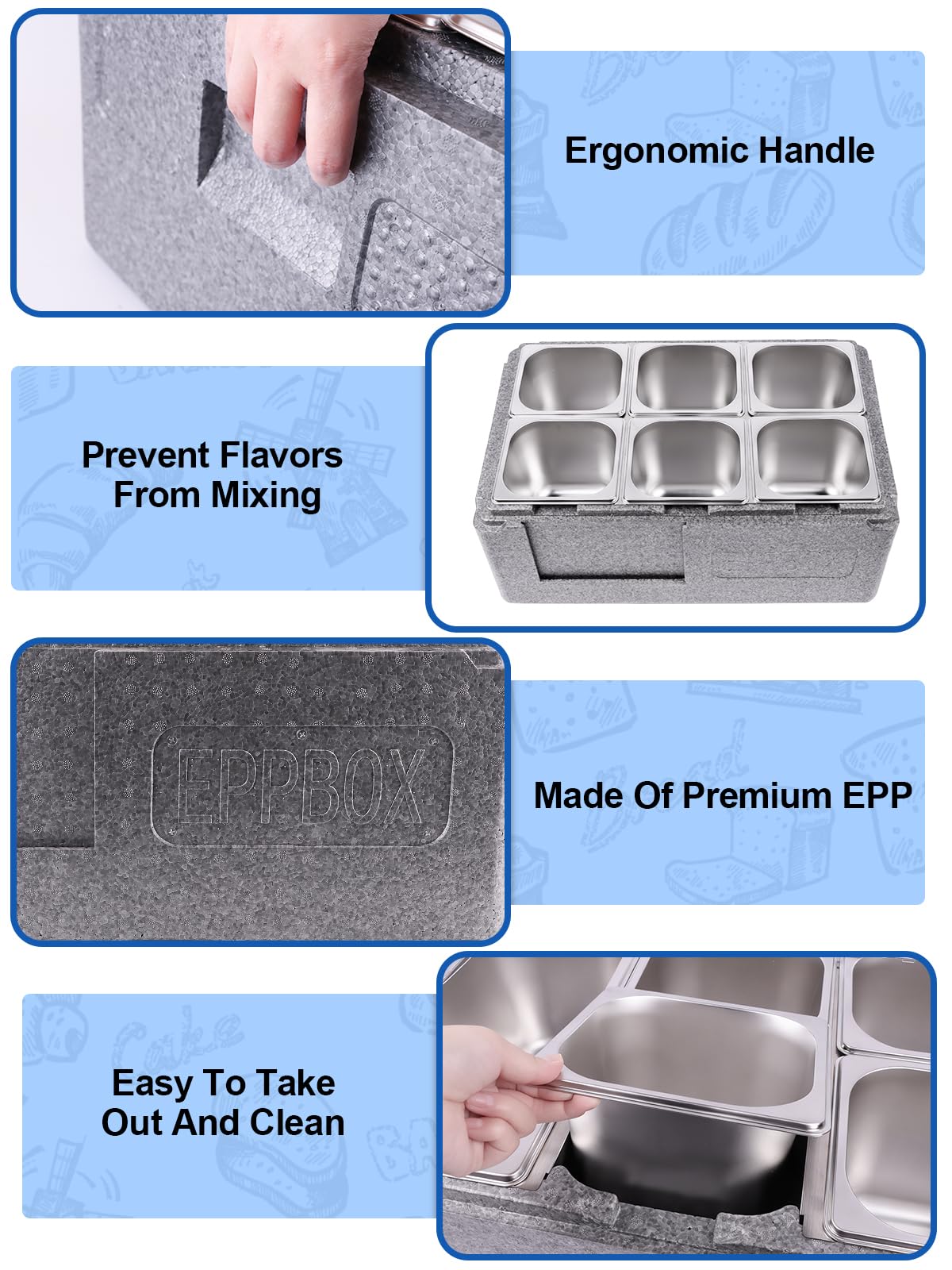 Kalolary Recipiente para ingredientes de acero inoxidable, 7 cuencos, para ensalada, estación de bufé, para platos fríos, con acumuladores de frío y tapas, juego de recipientes de bufé, bandeja para