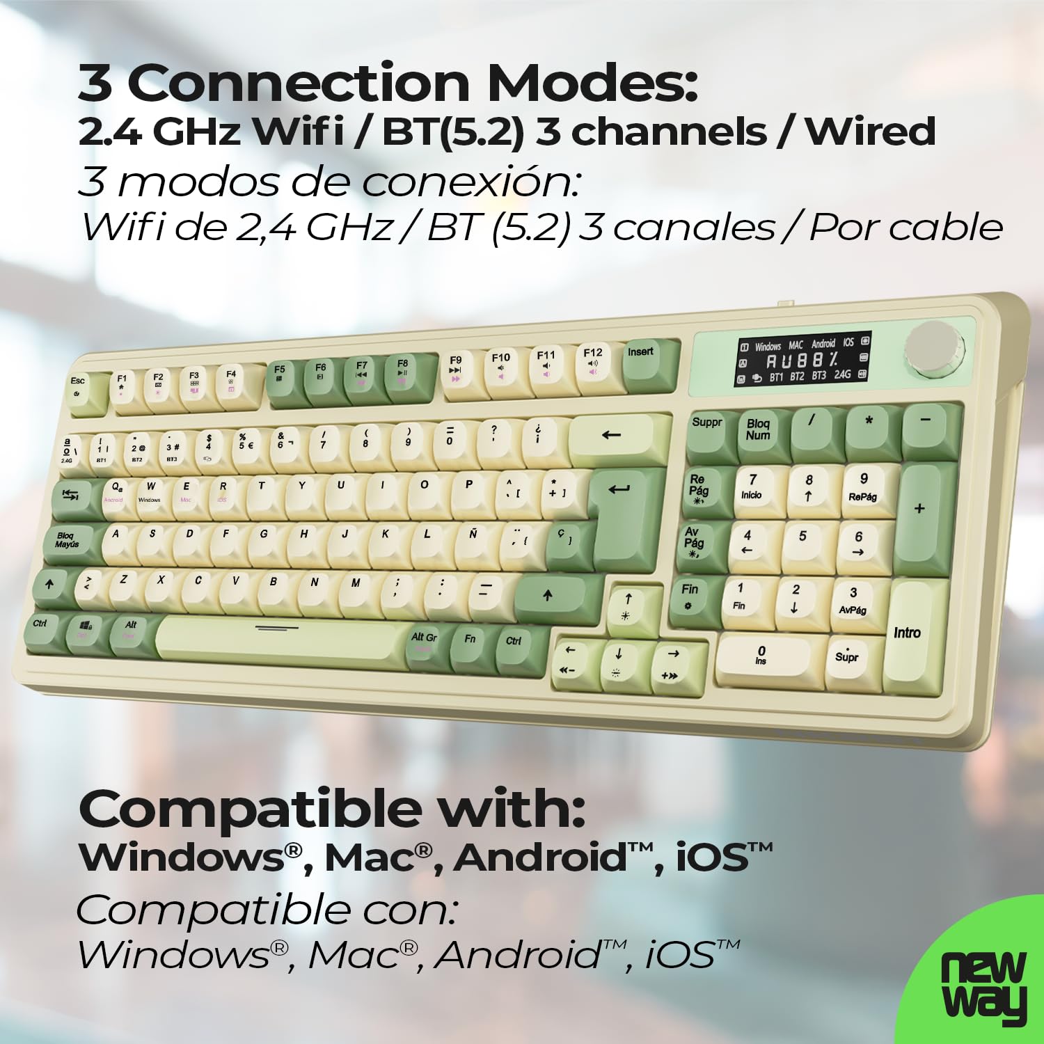 NEWWAY NK251 - Tastiera senza fili, ricaricabile, layout spagnolo QWERTY - Tripla modalità WiFi 2.4GHz / BT/USB-C - Display Digitale - Rotella Multifunzione - Retroilluminazione RGB - Ricevitore