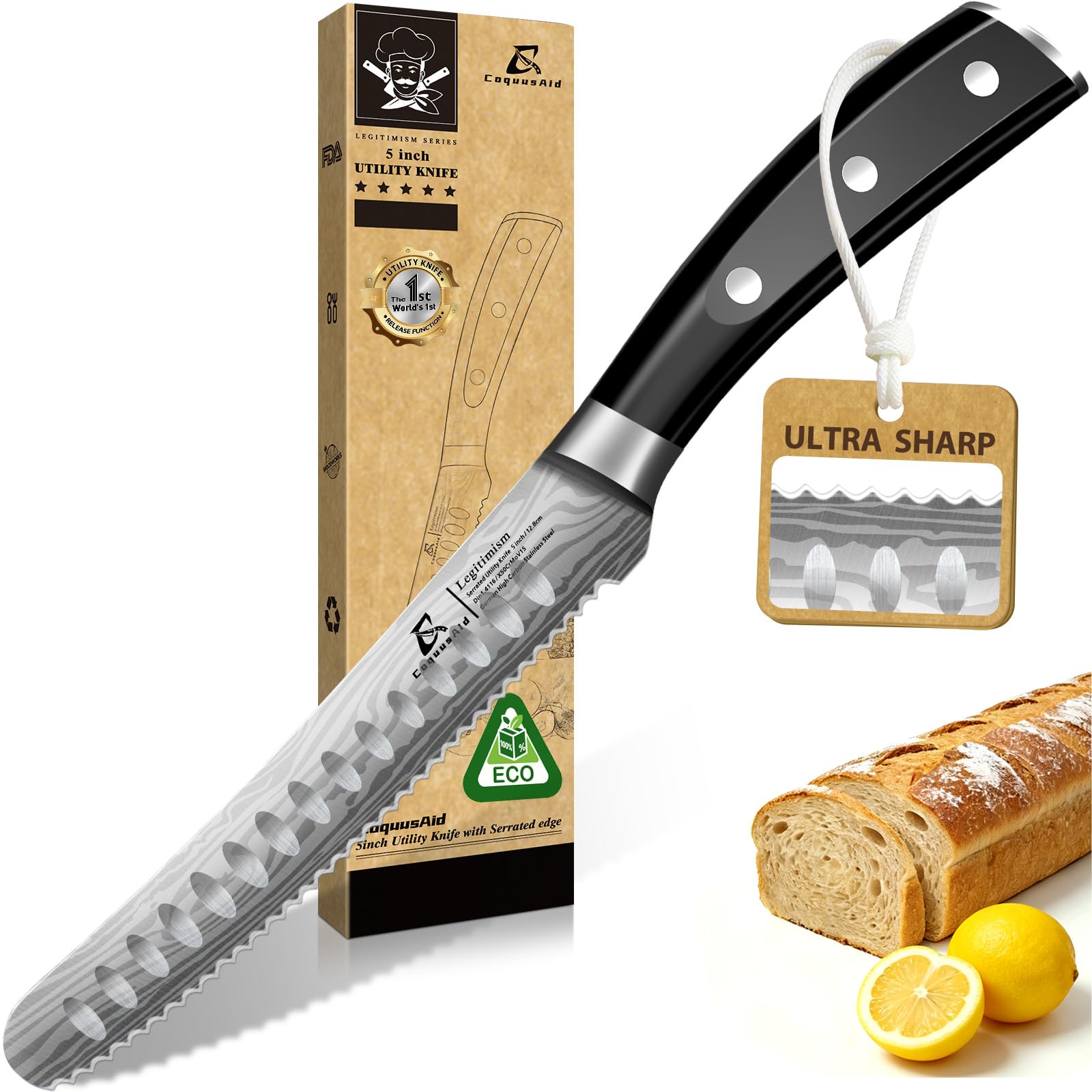 CoquusAid 5 Zoll geschmiedetes Allzweckmesser aus deutschem Stahl – wellenförmige extra scharfe Klinge, rundspitzig, ergonomischer Griff, durchgehender Erl (Schwarz)