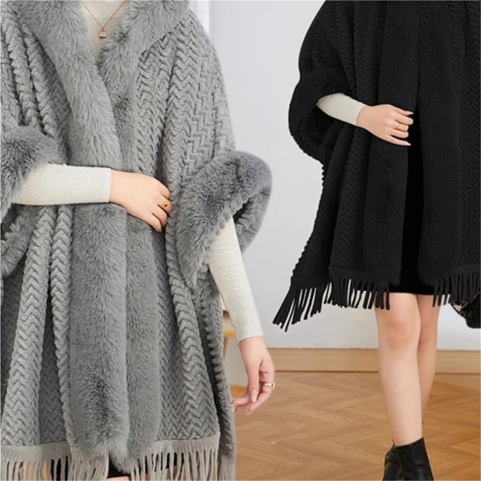 Poncho Donna Poncho Invernale Caldo e Spesso, Mantello di Velluto da Donna, Soprabito con Nappe pelose, Collo in Pelliccia Sintetica