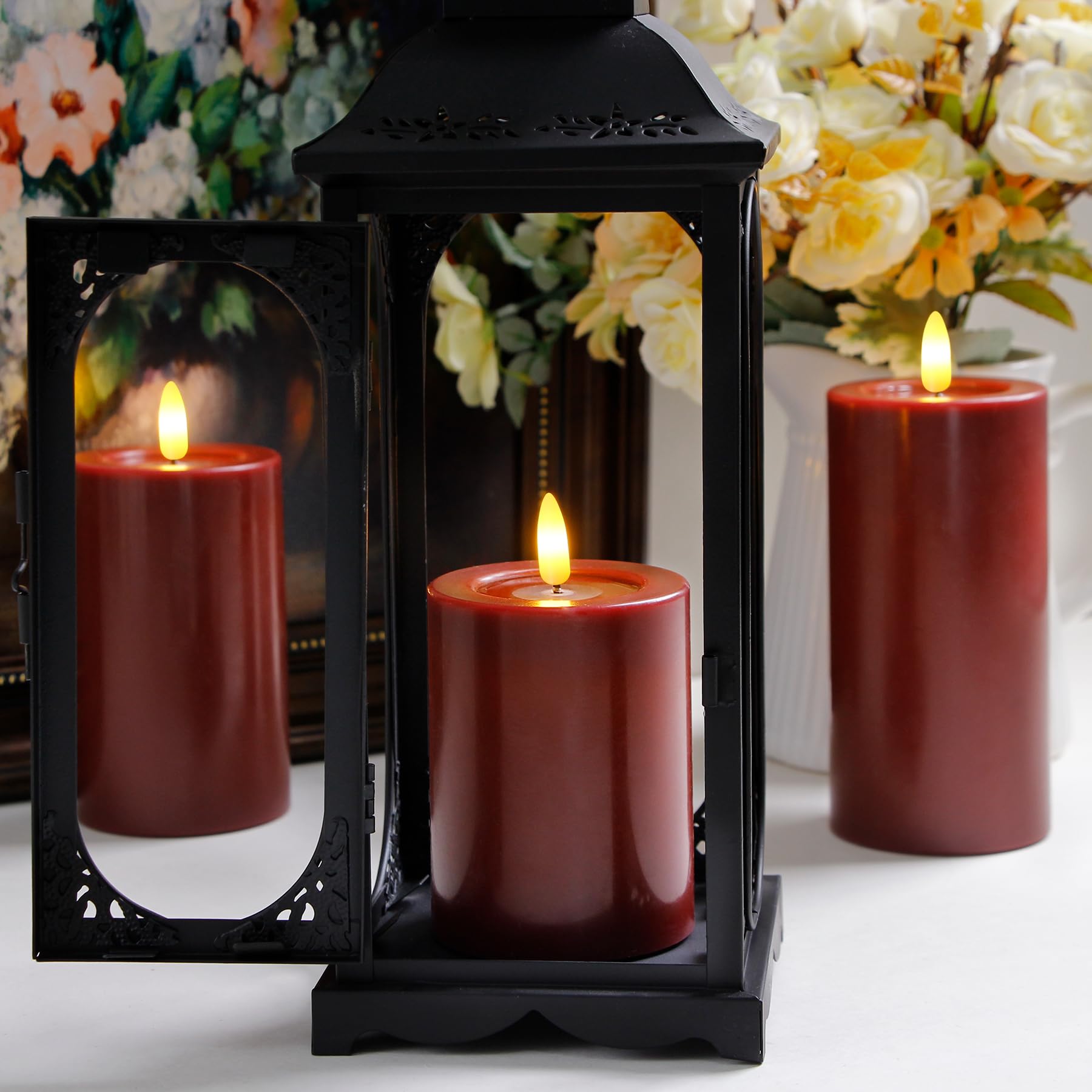 Yeelida remoto sin llama parpadeante velas LED con aceite de cera de diseño, Borgoña Pack de 3 pilas Oprated pilar temporizador real velas de cera (7.5x10 12.5 15cm)