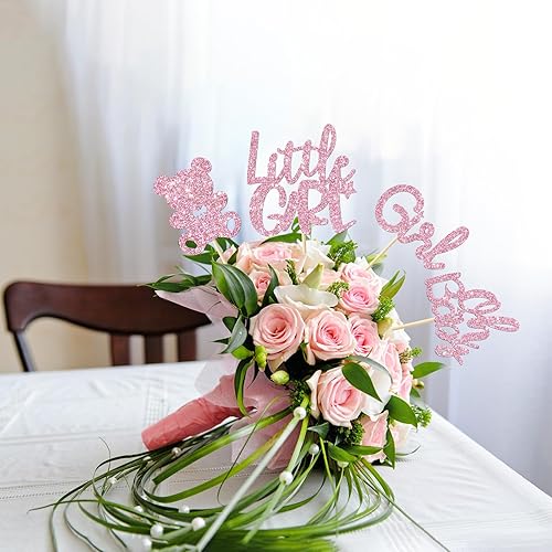 Miniatura 5 de 12 palos de centro de mesa para niña, oso de muñeca rosa con purpurina para niña, baby shower, suministros para fiesta de revelación de género