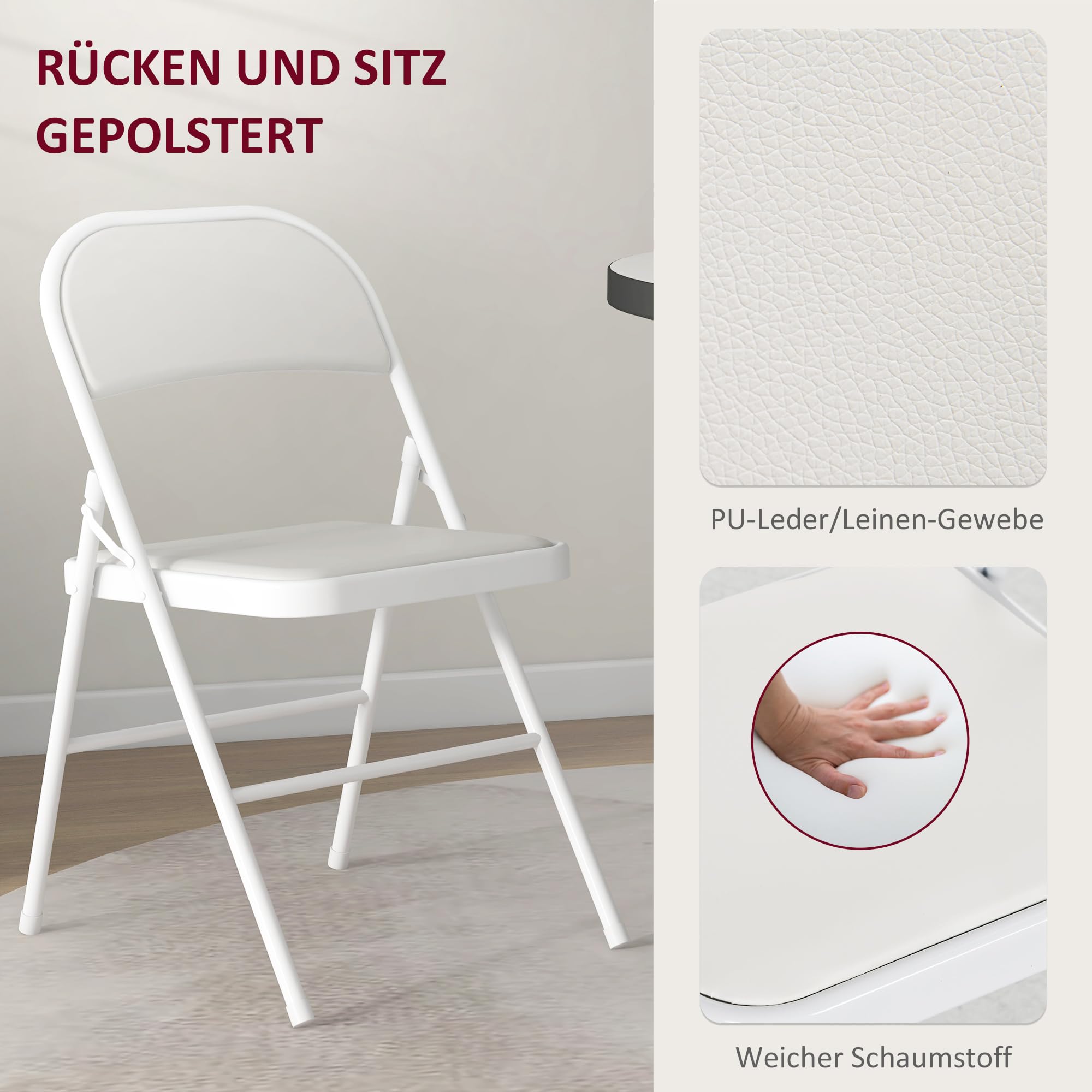 HOMCOM Lot de 2 chaises de Camping Pliantes avec Dossier rembourré, Cadre en Acier, Chaise de Cuisine avec Rembourrage, Charge maximale 120 kg, pour invités, Bureau, Camping, Blanches