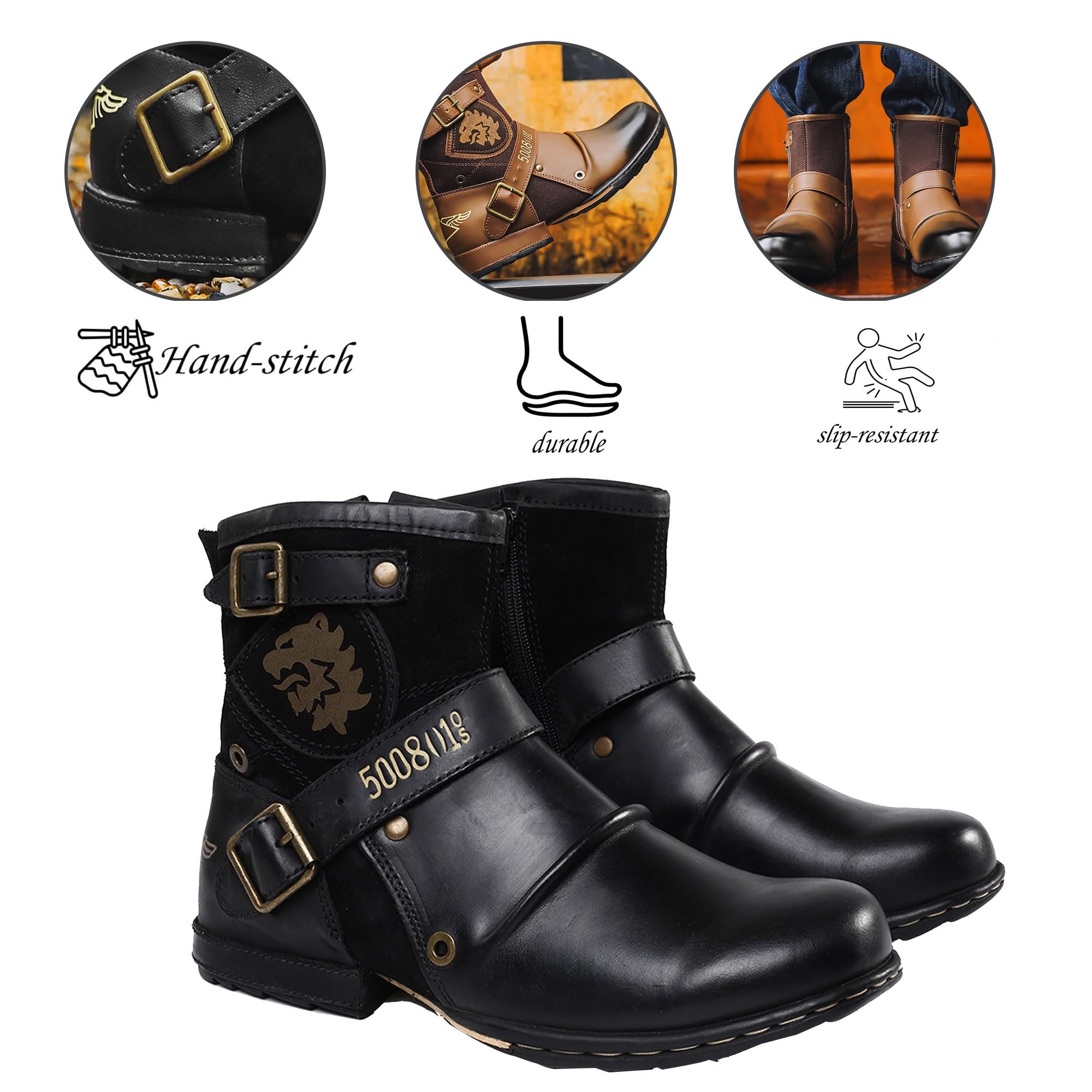 RenDiuJups Motorradstiefel Herren Knöchelhohe Lederstiefel mit Reißverschluss, wasserdichte Biker Stiefel, Stylische & Robuste Motorradschuhe in Übergrößen, rutschfest(Coffee,45 EU)