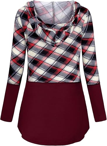 Miniatura 3 de QUINEE sudadera con capucha para mujer de manga larga a cuadros, bloque de color