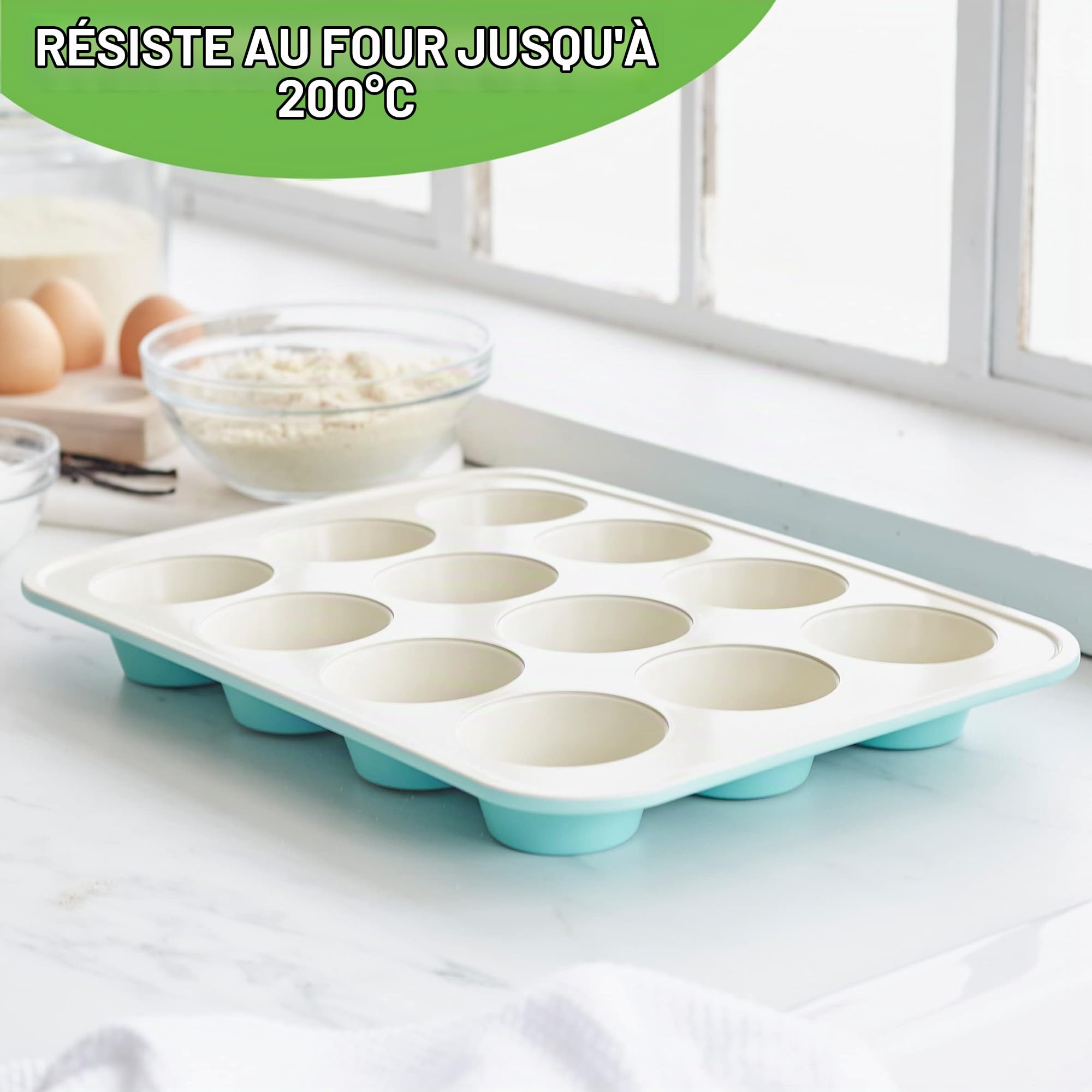 GreenLife Plateau de 12 Moules à Muffins et Cupcakes en Antiadhésive Céramique Saine, Sans PFAS, Démoulage Facile, Va au Lave-Vaisselle et au Congélateur, Va au Four jusqu'à 230°C, Turquoise