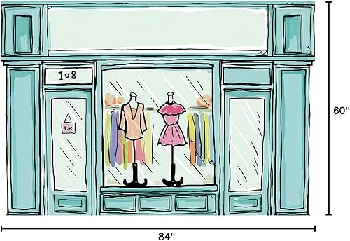 Miniatura 9 de Telón de fondo de tienda de ropa de dibujos animados de 8 x 6 pies, tema verde, centro comercial, mercancía, ventana, zapatos, joyería, fotografía,