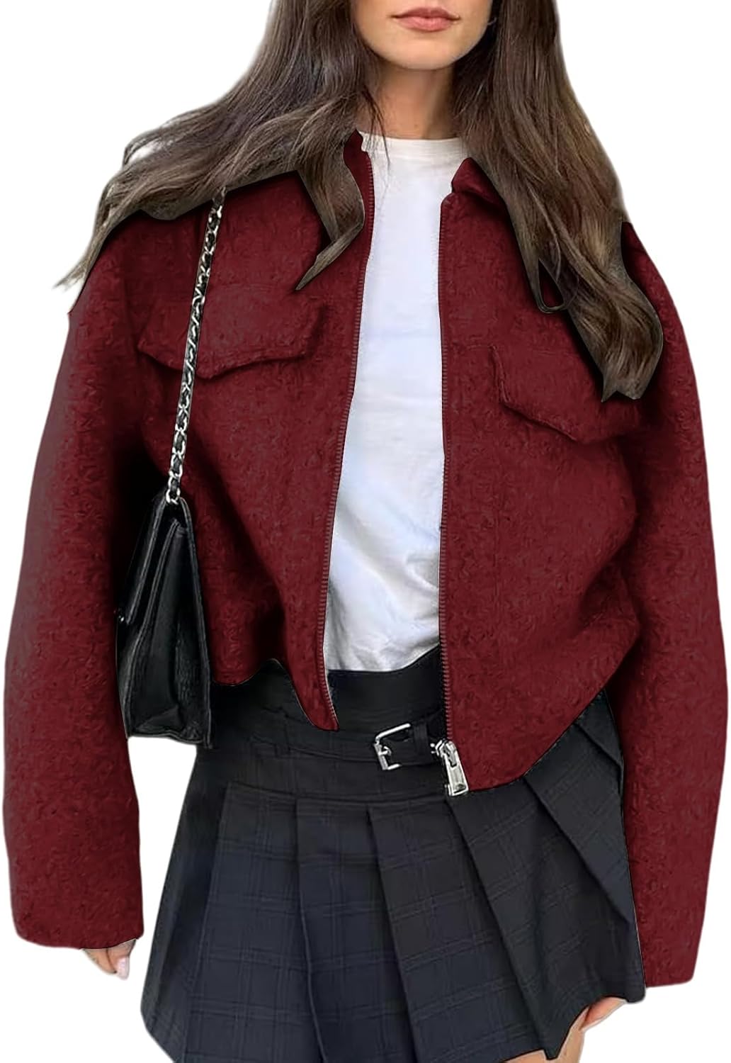 Wool Coats for Women Lapel Zip Up Copped Bomber Jacket Fall Winter Fleece Long Sleeve Casual Button Fuzzy Sherpa