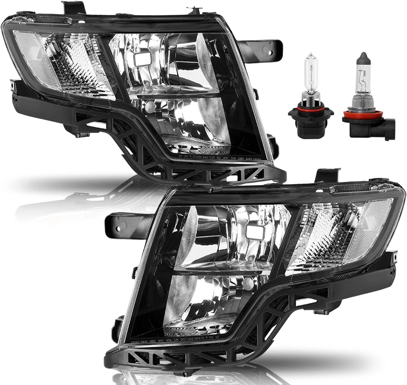 For 2007 2008 2009 2010 Edge Headlights Assembly compatible wiht Ford Edge 2007-2010 Halogen Head lights Headlamp Replacement Pair Driver and Passenger Side, with Bulbs, Black Clear