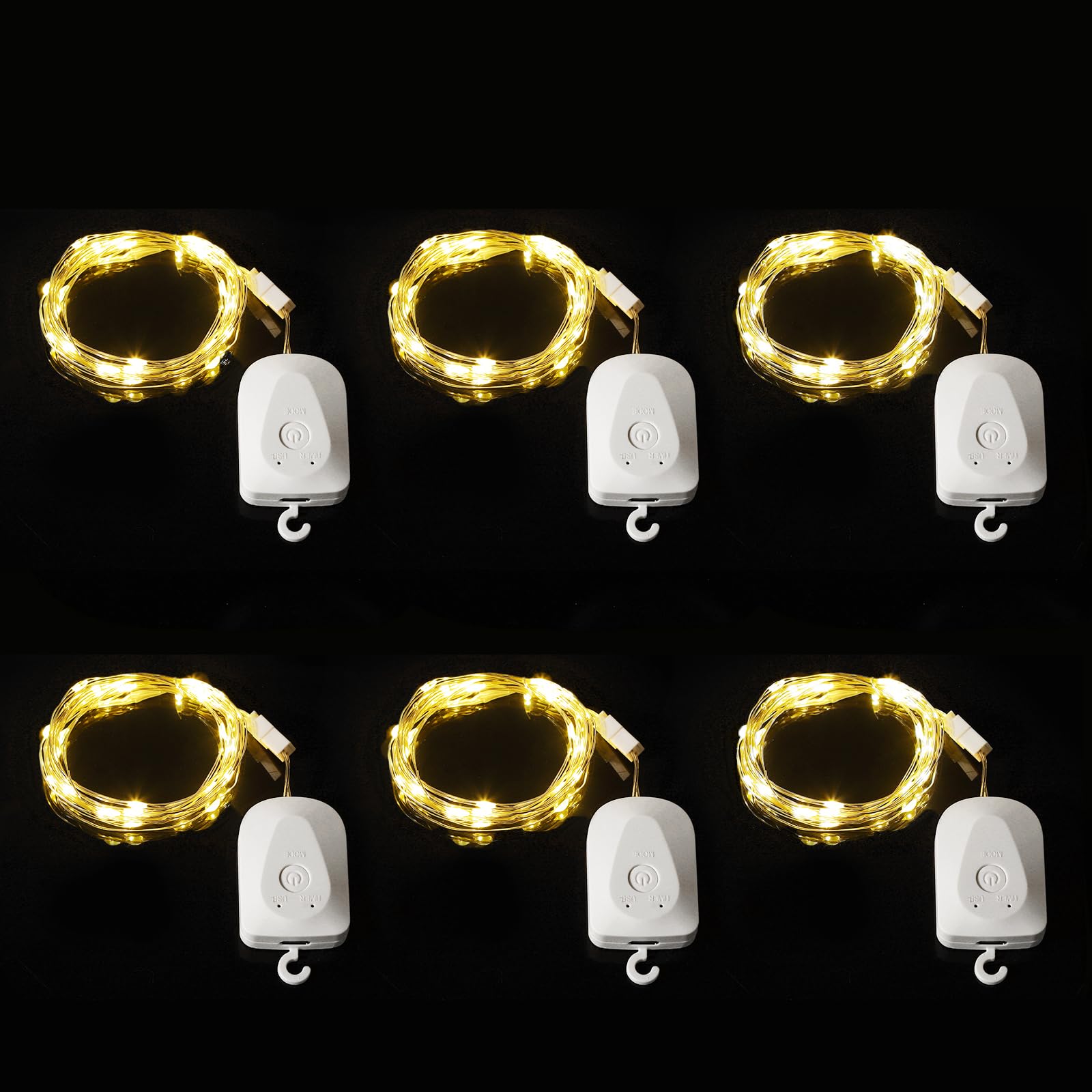 Yizhet Guirnalda Luces Recargable, 6 Piezas Cadena de Luces Extraíble, 3m 30 Led Blanca Cálida y 8 Modos con Temporizador y Gancho, Impermeabile IP65 para Navidad Fiesta Bodas Balcón Jardín