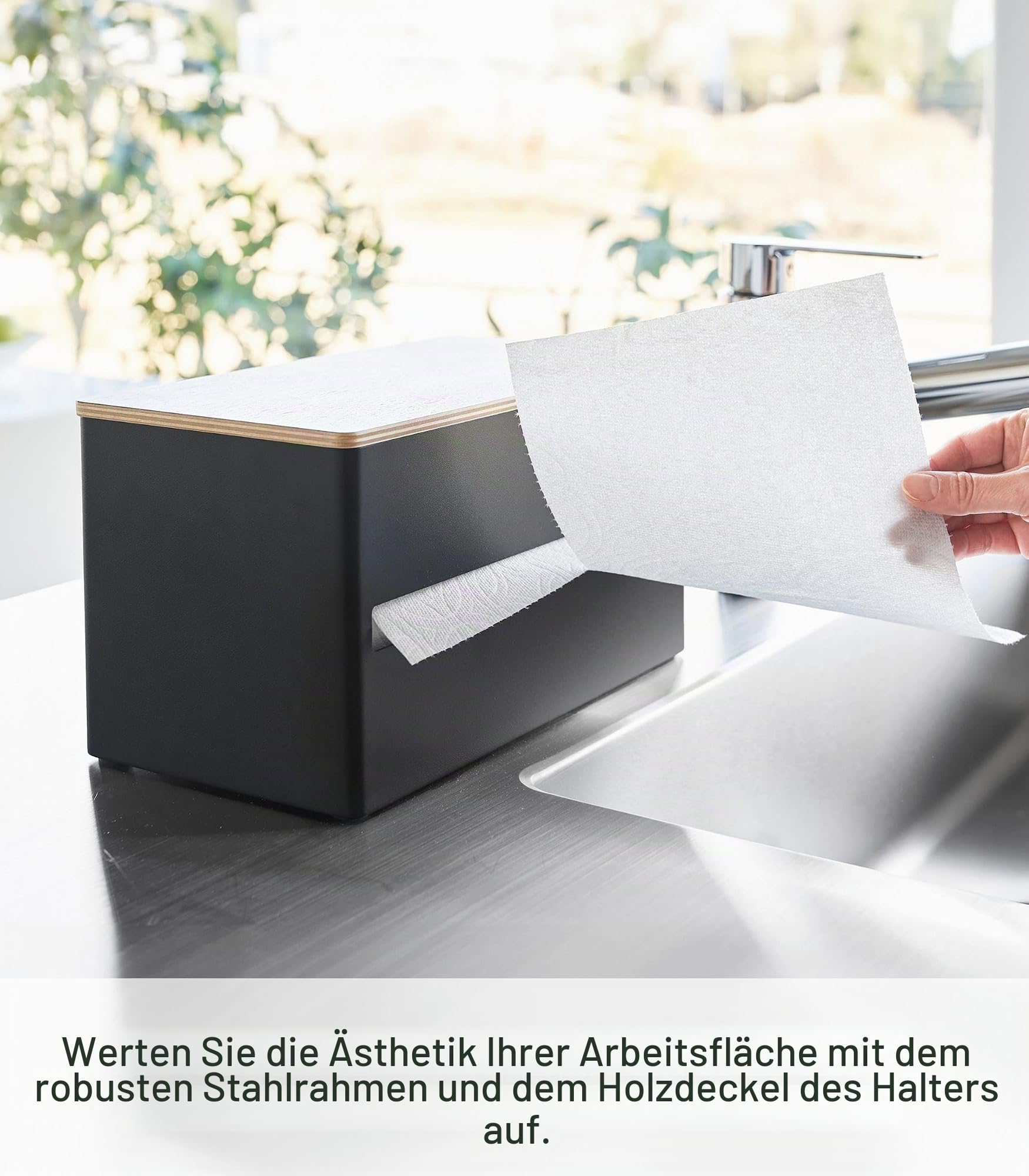 Yamazaki 1644 RIN Küchenrollenhalter, schwarz, Stahl/Holz/Silikon, minimalistisch, 16,2 x 31,2 x 17 cm