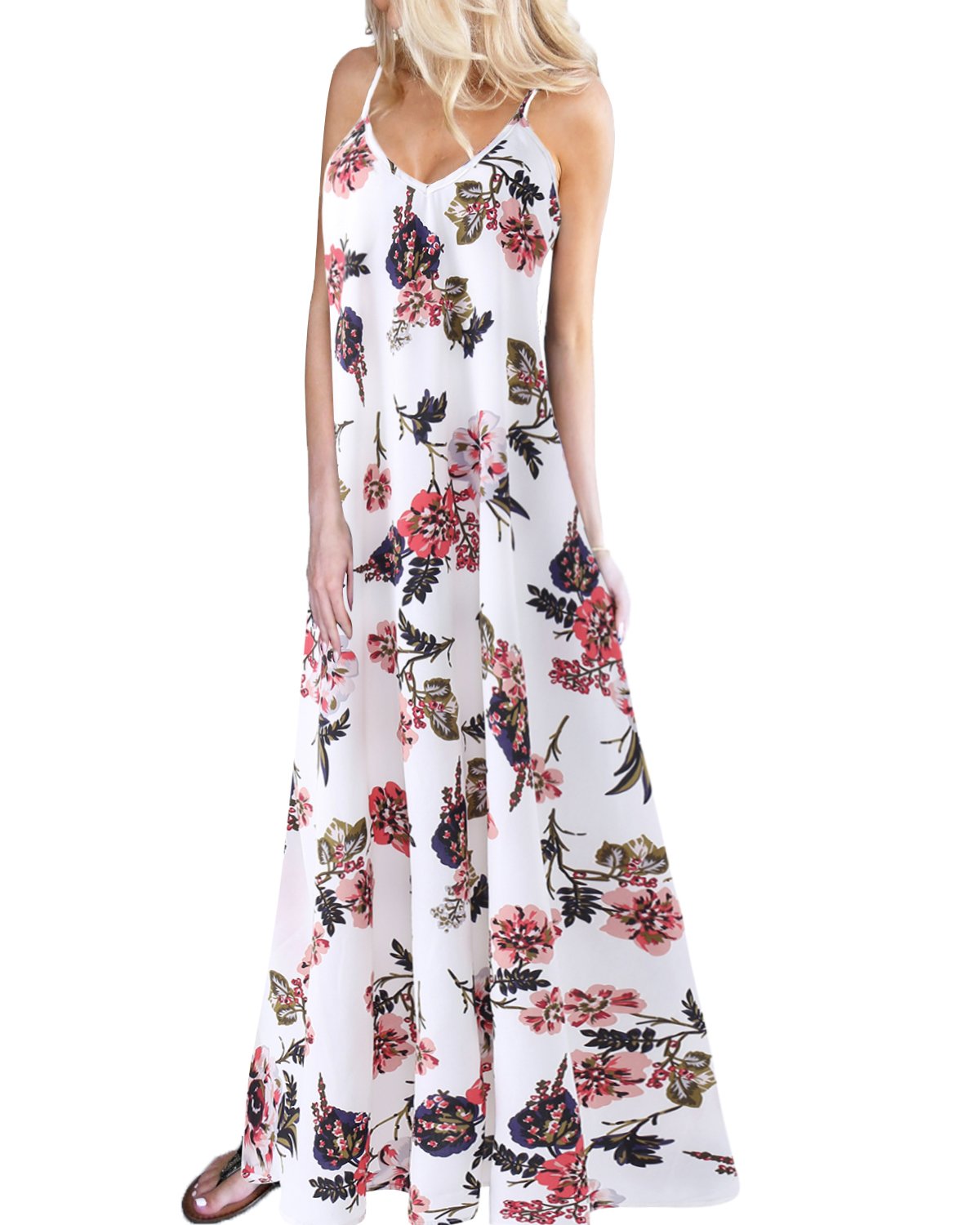 Kidsform Damen Sommerkleider Blumen Maxi Kleid Ärmellos Abendkleid Strandkleid Party Chiffon Lange Kleid