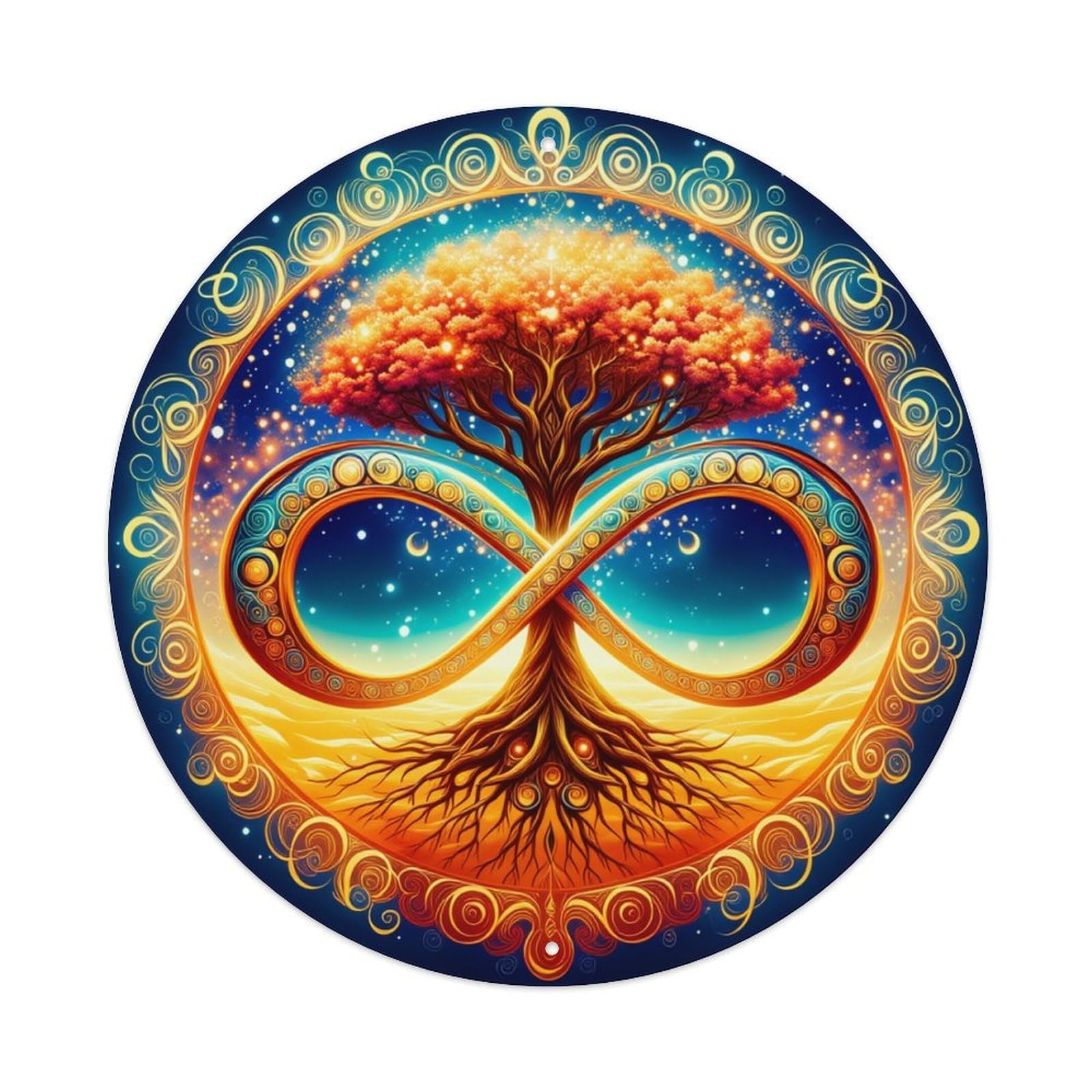 Cosmic Tree Infinity Symbol Pattern Round Tin Sign Retro Metal Sign for Cafe Bar Pub Home Game Room Gym Club Wall Decoration Vintage Metal Poster 8x8 Inch
