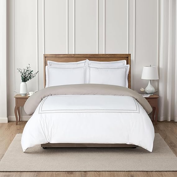 Majestic Giftware Madison Linen 8 Pcs 44" Twin Size Bedding Set (BL55-44T) | Riviera - Taupe 400 TC 100% Cotton Sateen | 2 Fitted Sheets, 2 Duvets, 4 Pillowcases - Noble Collection