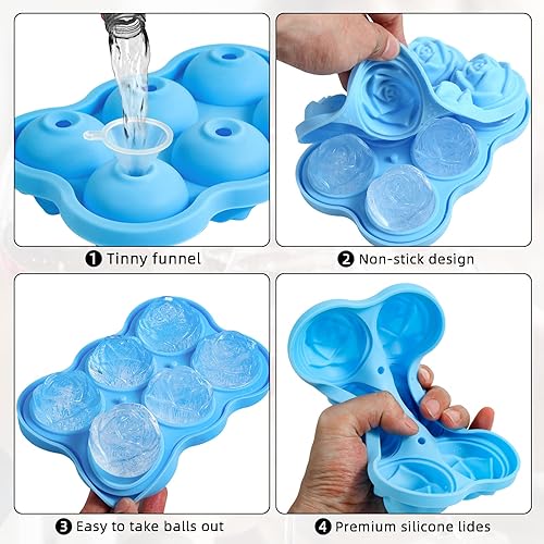 Miniatura 4 de Bandejas para cubitos de hielo, paquete de 2 bolas de hielo de silicona de 1.8 pulgadas, 6 cavidades, forma floral 3D para enfriar cócteles, whisky