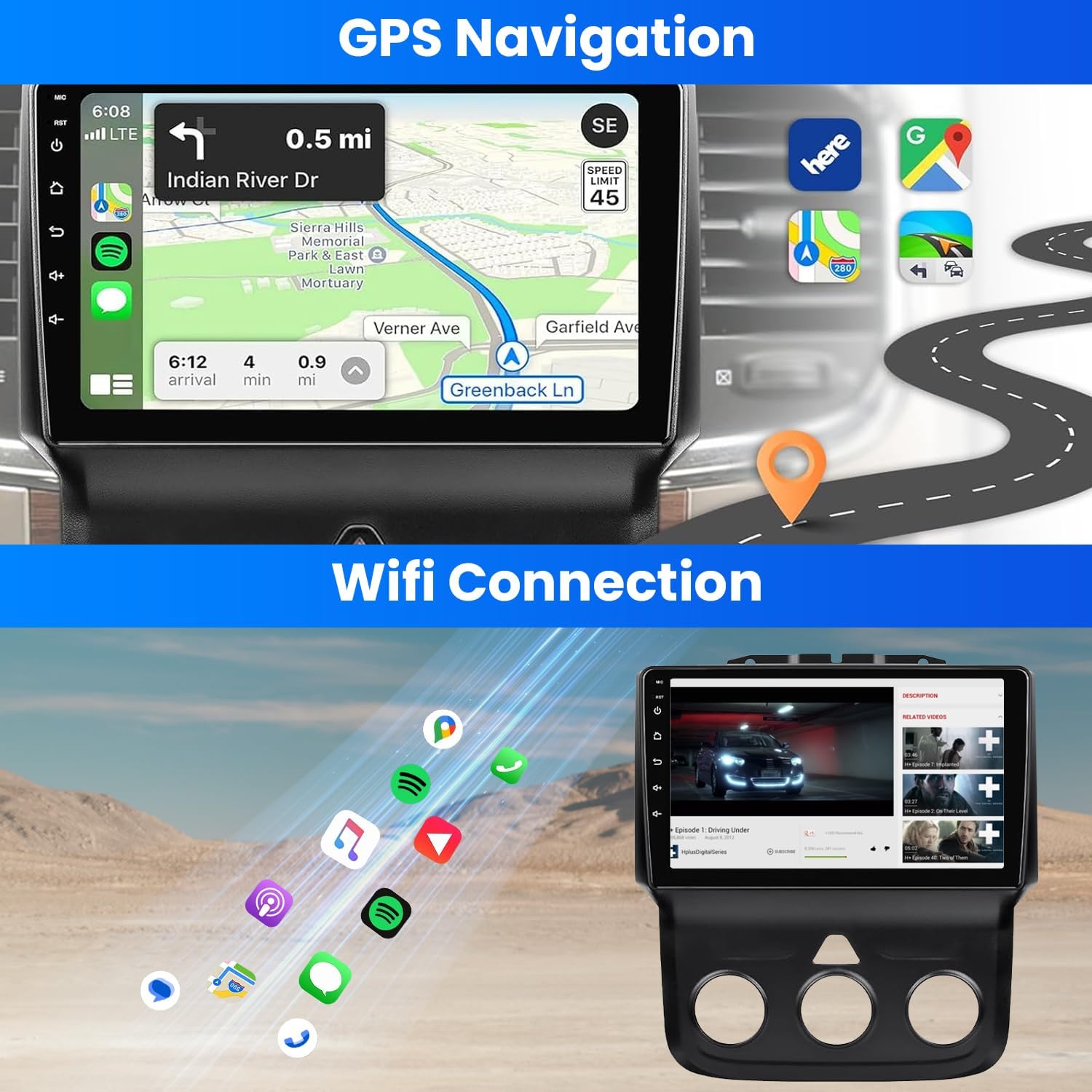GPS navigation map displayed on the car stereo screen, with icons for various apps and a visual representation of WiFi connectivity.