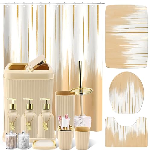 32PCS Bathroom Sets with Shower Curtain and Rugs-Beige Bathroom Accessories,Non