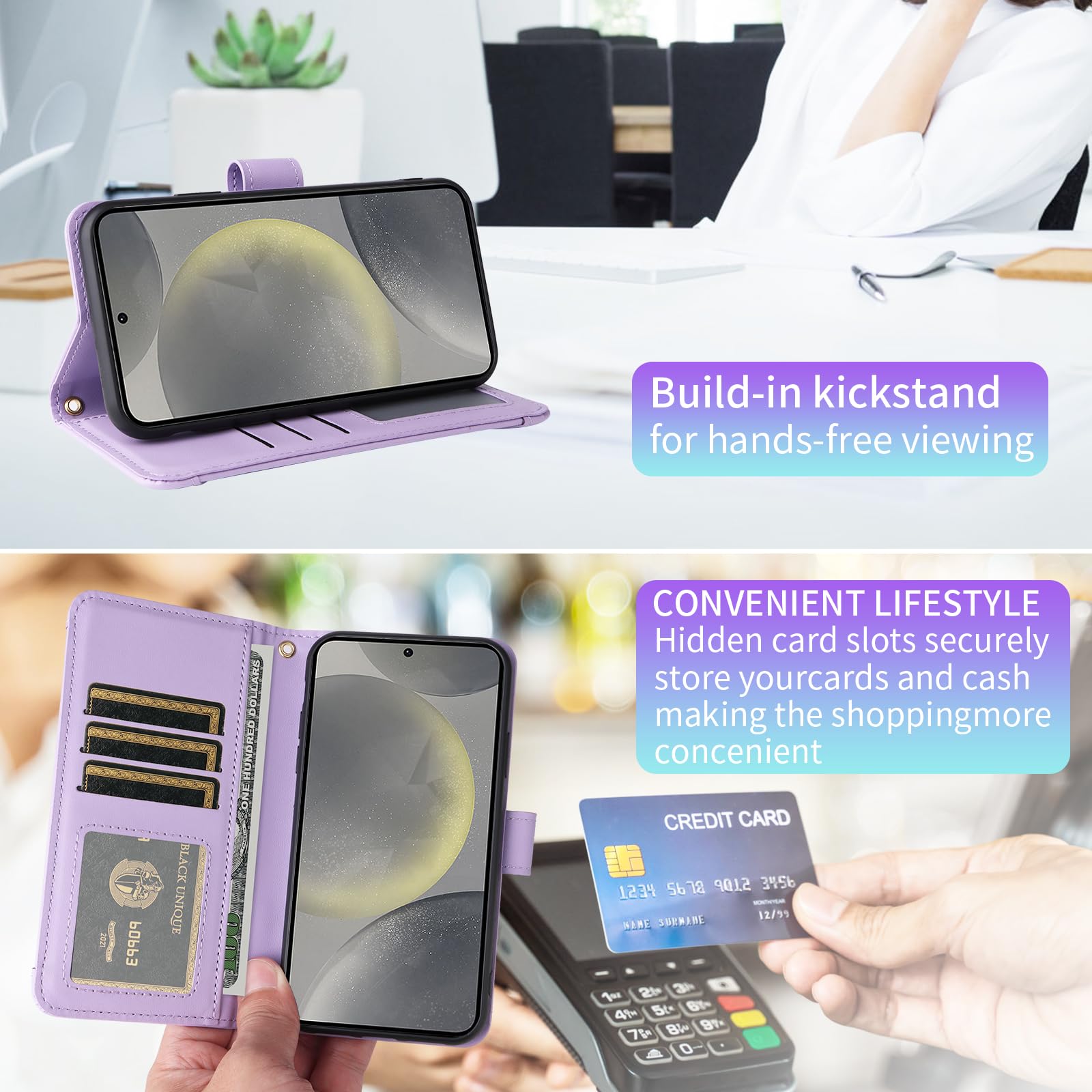 Phone Case for Samsung Galaxy A25 5G Wallet Cell Cover with Tempered Glass Screen Protector Strap Flip Credit Card Holder Accessories Stand Lanyard Wrist A 25 25A SM-A256U Women Girls Purple