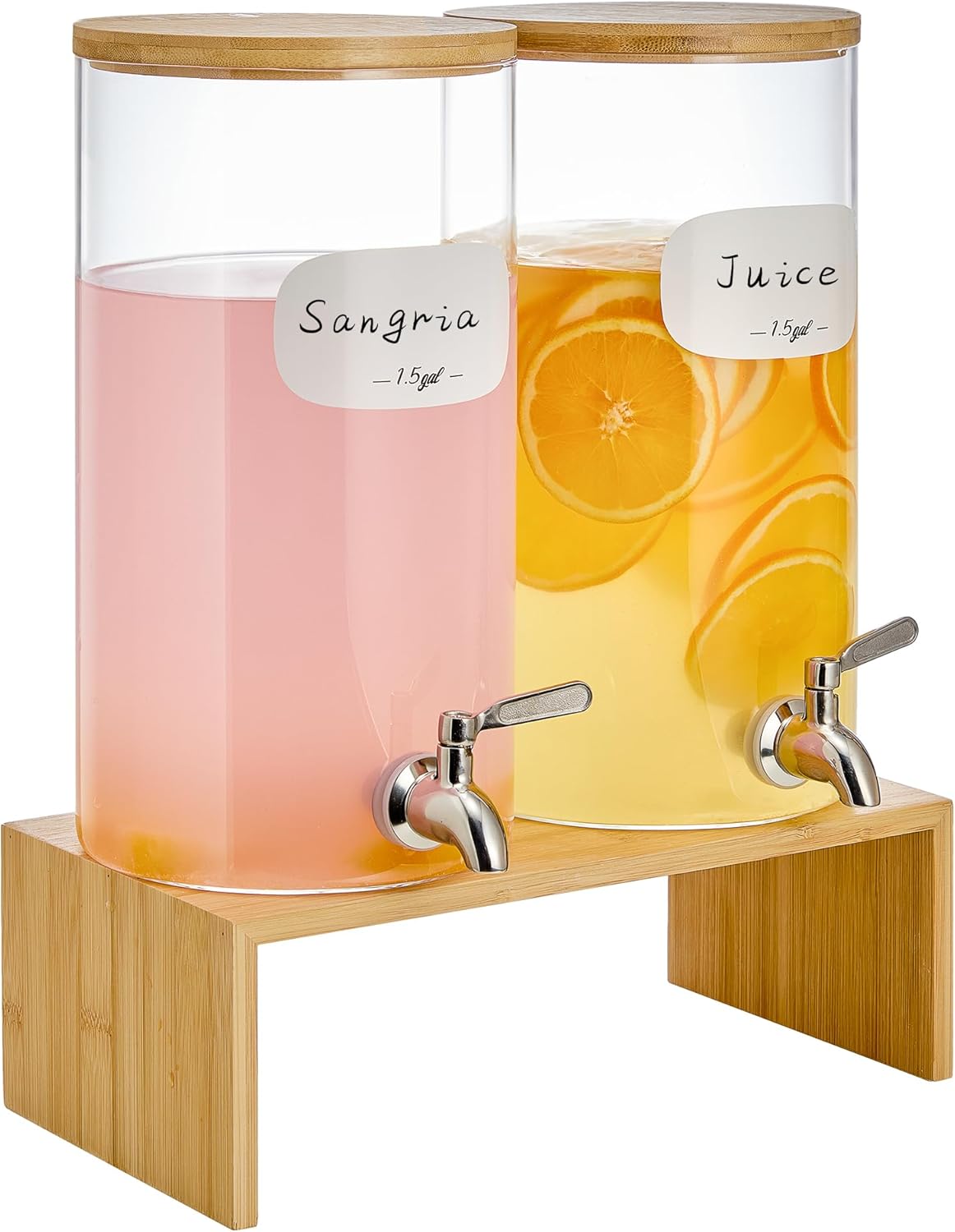 1.5 Gallon Drink Dispenser for Parties - Double Beverage Dispenser with Stand, Stainless Steel Spigot, 8 Waterproof Labels, Bamboo Lid -Borosilicate Galss Water Dispenser for Lemonade, Juice 1.5gal