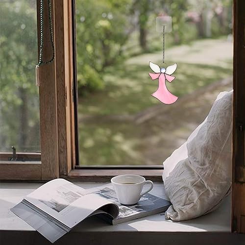 Miniatura 4 de Colgantes de ventana de cristal de ángel rosa, estilo Tiffany, regalos de regalo para enfermera, recuerdo conmemorativo y condolencias (6.3 x 4.3