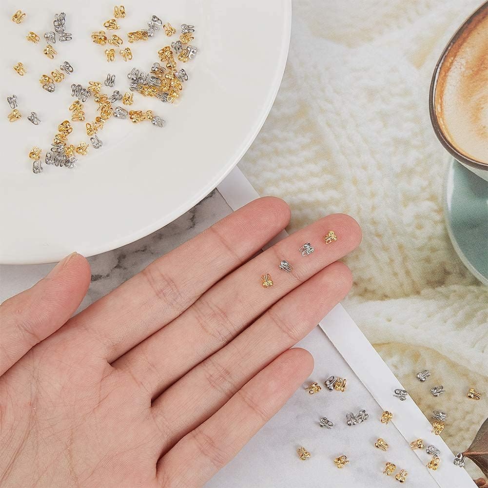 UNICRAFTALE about 300pcs 2 Colors Bead Tips Stainless Steel Calotte Ends Open Clamshell Knot Covers Golden & Stainless Steel Color 1mm Small Hole End Caps for Knots & Crimp Findings Crafts 4x2mm - Image 4