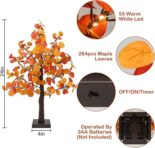 Miniatura 3 de Agusbagli Árbol de eucalipto artificial de 24 pulgadas, 55 luces LED, funciona con pilas, árbol de mesa con temporizador para interiores, hogar,