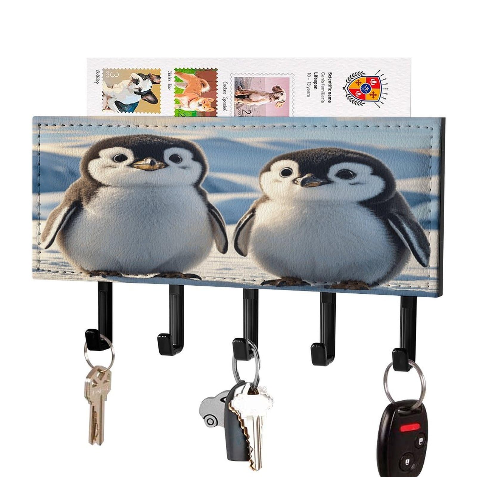 Fekiloot Black-Style Cute Penguins Key Holder Wall Mount Decorative Key And Mail Holder With 5 Hooks Key Hanger Organizer Pu Key Rack Decorative Home Decor For Wall Living Room Entryway Office