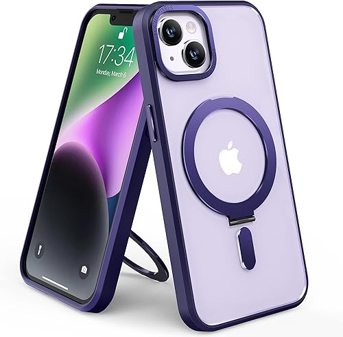 Funda para iPhone 13 y iPhone 14 con soporte magnético invisible compatible con MagSafe translúcido mate iPhone 13 y 14 de 6.1 pulgadas con soporte