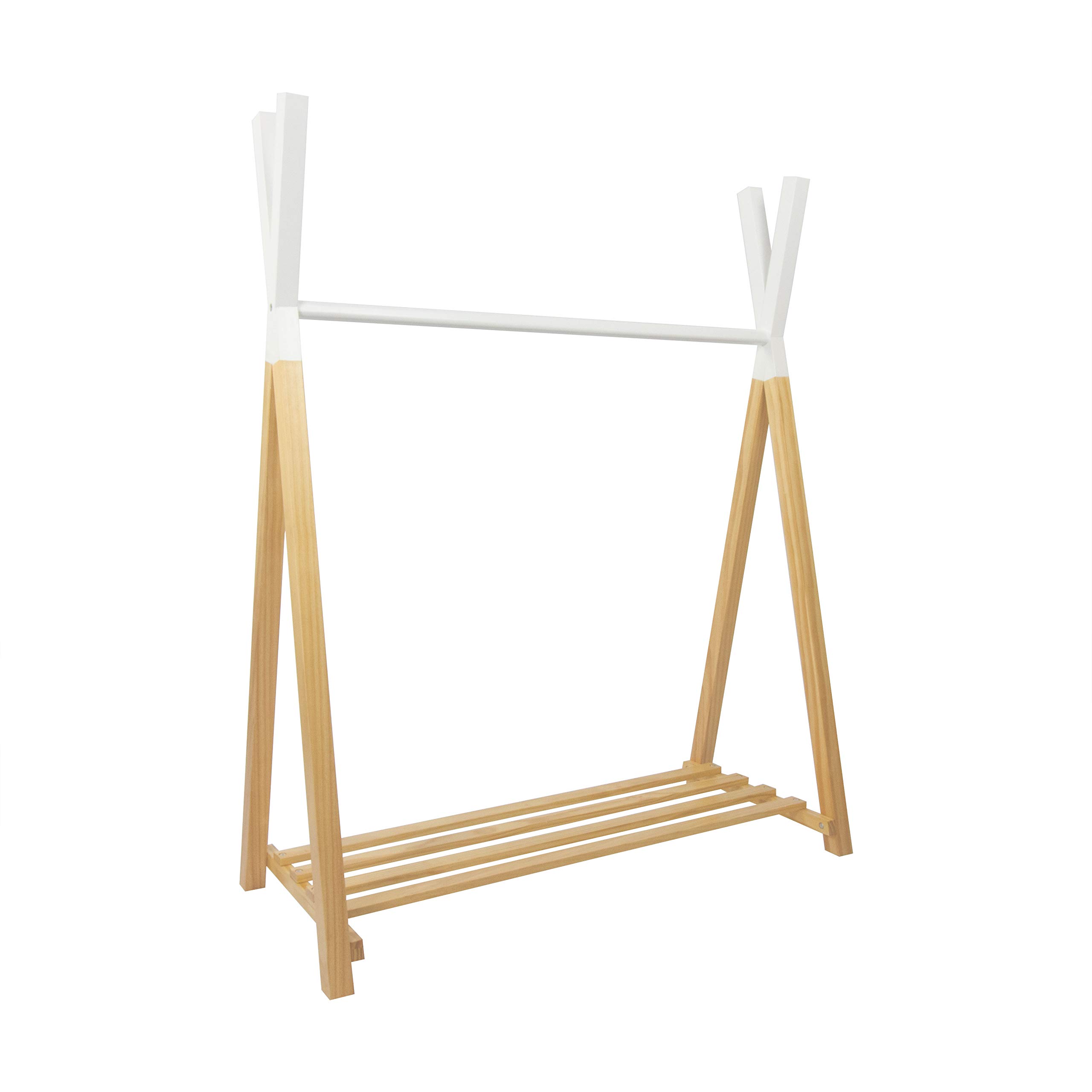 Puckdaddy - Perchero Infantil Hugo 115 x 50 x 142 cm de Pie - Madera Maciza de Pino, Diseño Tipi Blanco Natural - Colgador de Ropa con Zapatero para la Habitación Infantil y del Bebé