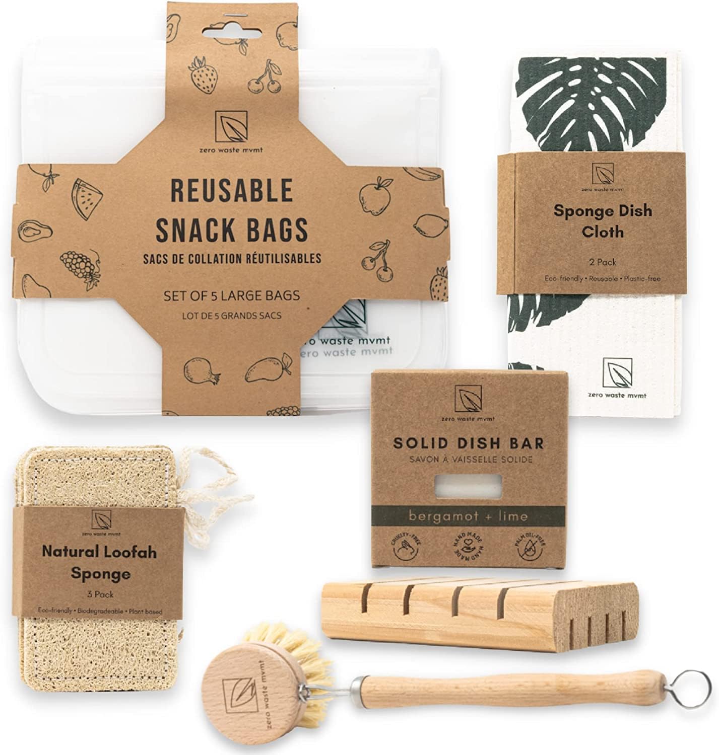 Zero Waste MVMT Ultimate Dish Washing Bundle Eco-Friendly Gift Solid Dish Soap Bar Cedar Soap Tray Wood Dish