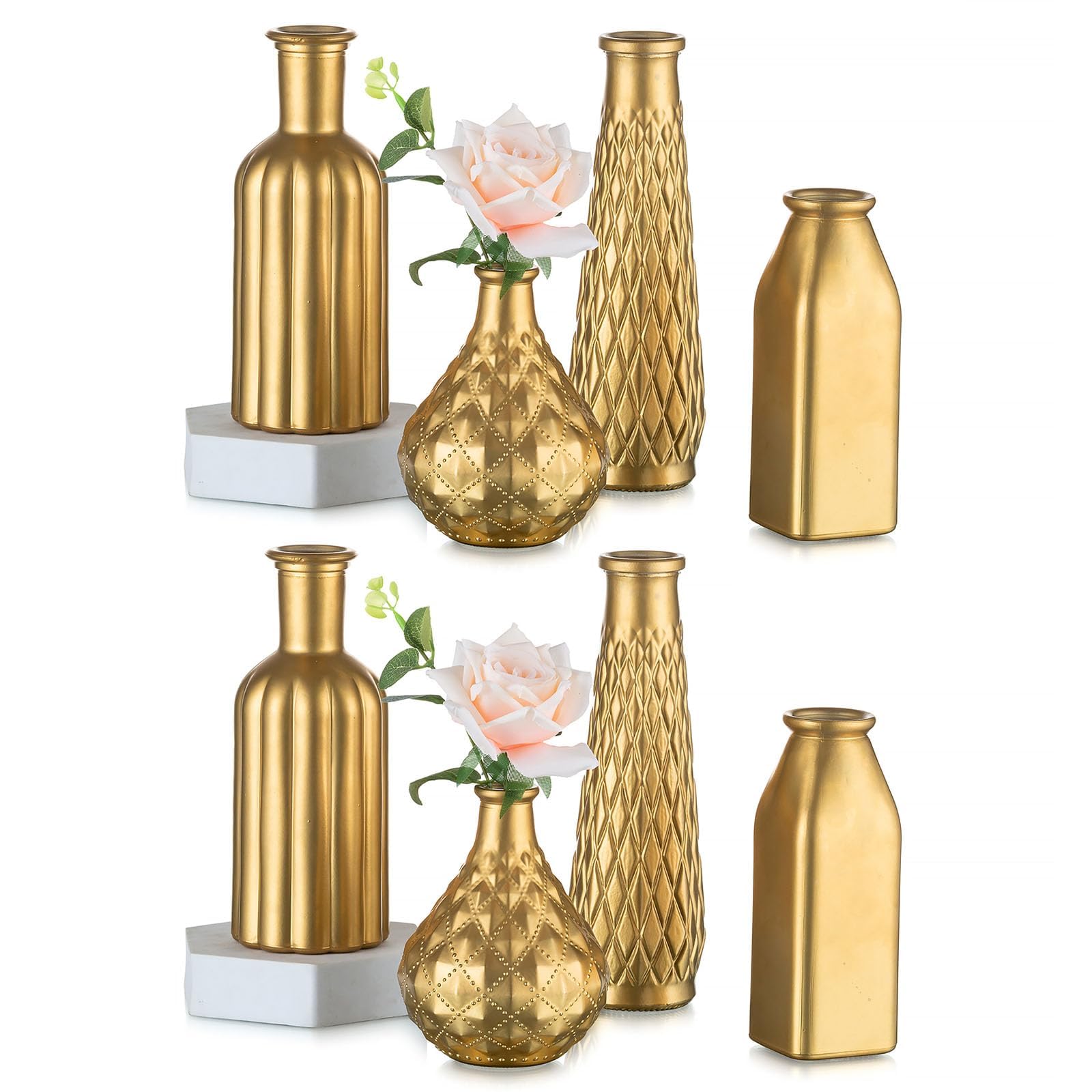 Gold Glas Blumenvasen für Tischdeko, 8 Stück | Vintage Vergoldeter Oberfläche, für einzelne Blumenstiele/Trockenblumen, für Hochzeit Weihnachten Geburtstag Wohnzimmer Deko