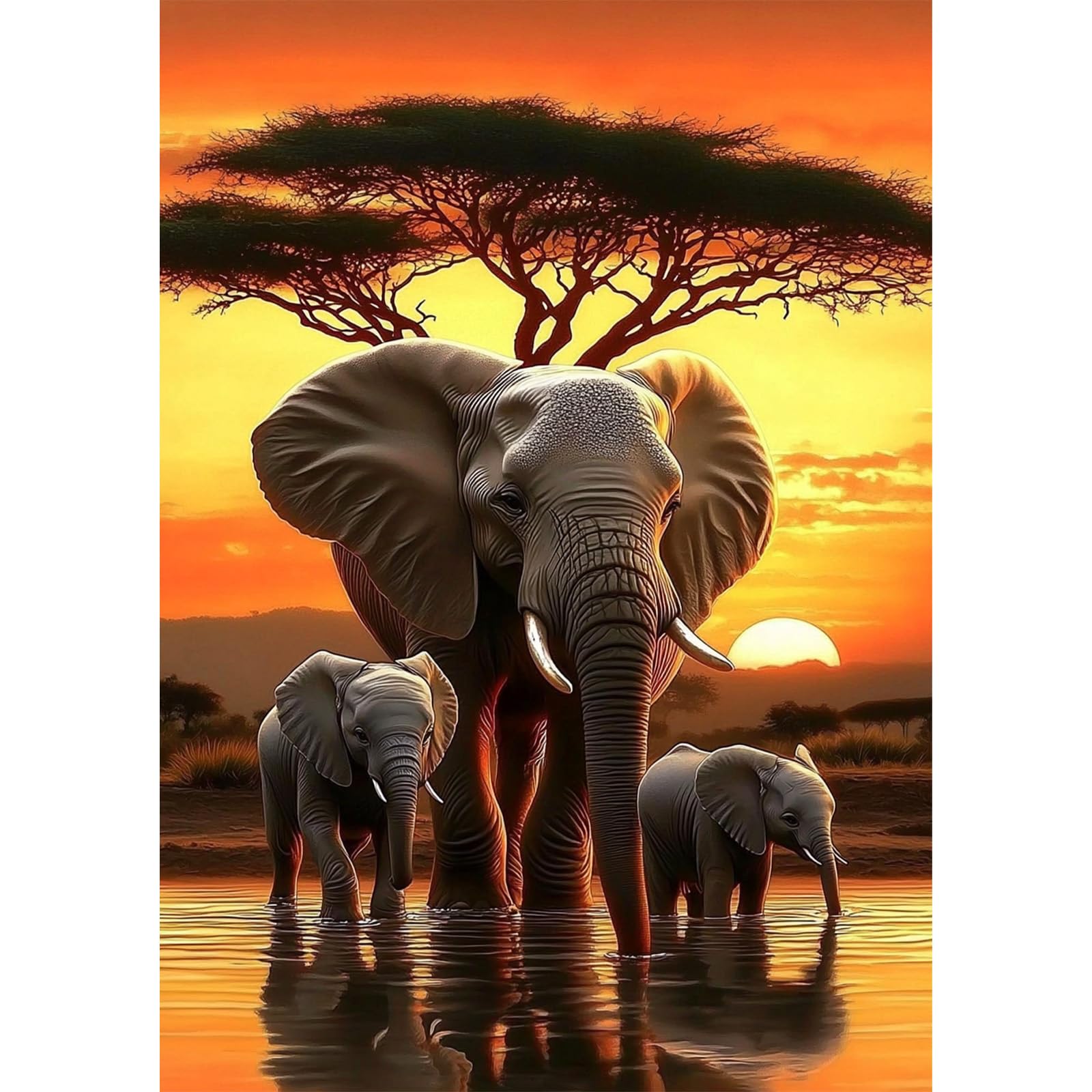 QENSPE Diamond Art Kits for Adults Elephants, DIY Diamond Painting Grassland, Round Full Drill, 5D Colourful Diamonds Dots Mosaic Painting, Crystal Gem Arts Craft for Home Wall Decor 30x40cm