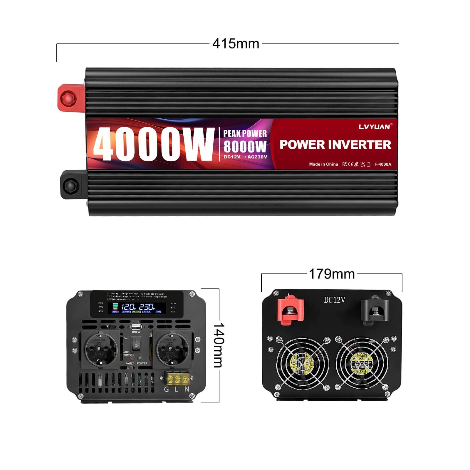 Yinleader Convertisseur 12v 220v 4000W Onduleur /8000W Transformateurde avec écran LCD, télécommande sans Fil, Port USB