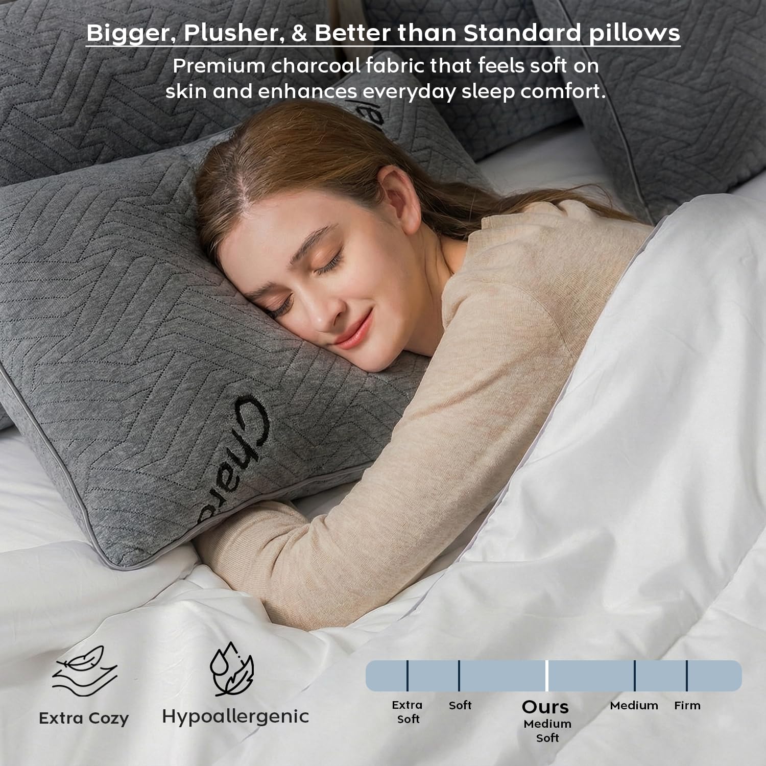 AYKA Premium Charcoal Pillow for Sleeping | Super Soft & Fluffy Bed Pillow | 100% Virgin Microfiber Filling | Breathable | Ideal for All Sleeping Positions | 17x27 Inch | Grey | Pack of 2 2