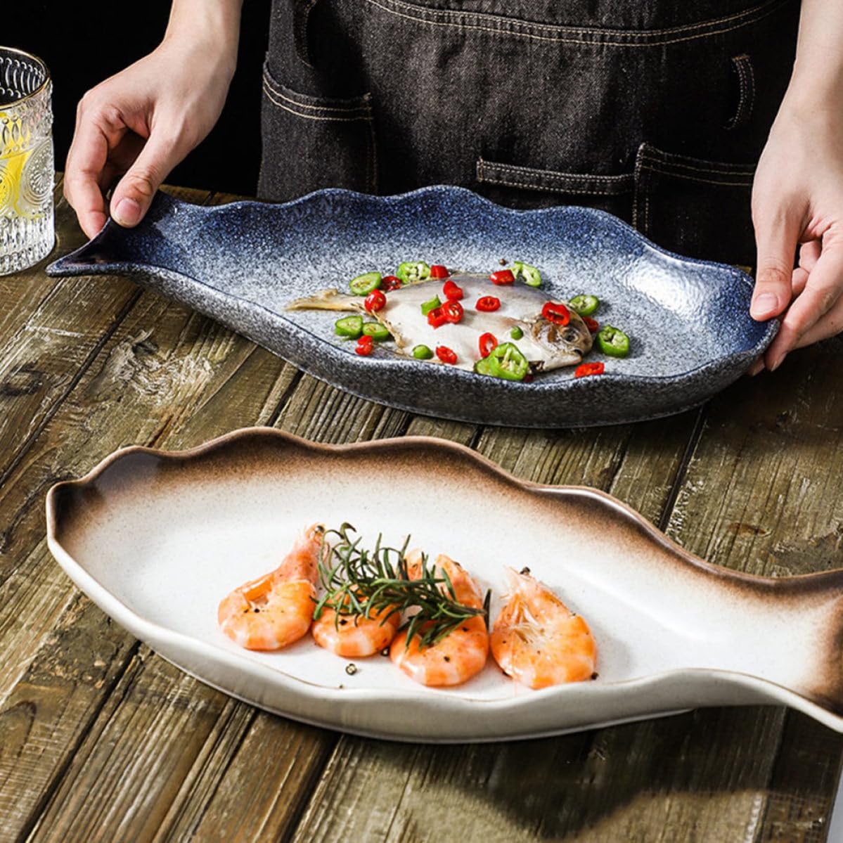 USHOBE Plato para Servir Pescado de Cerámica Estilo Japonés Diseño Creativo y Tacto Cómodo Adecuado para Hotel y Restaurante