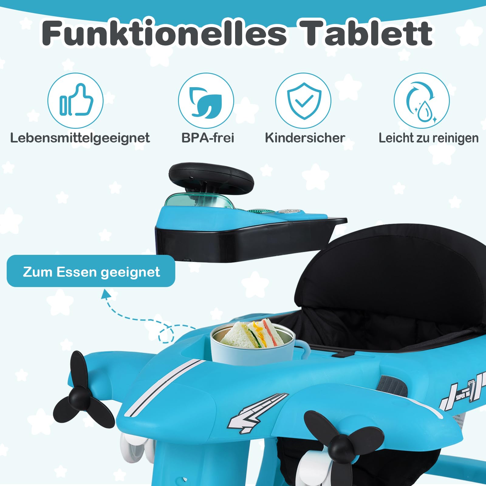 GOPLUS 6 w 1 chodzik, wózek do nauki chodzenia z regulowaną prędkością i 3 wysokościami, taca do jedzenia, muzyka, światła i składany design, Baby Walker z motywem samolotu, dla dzieci w wieku 6-18