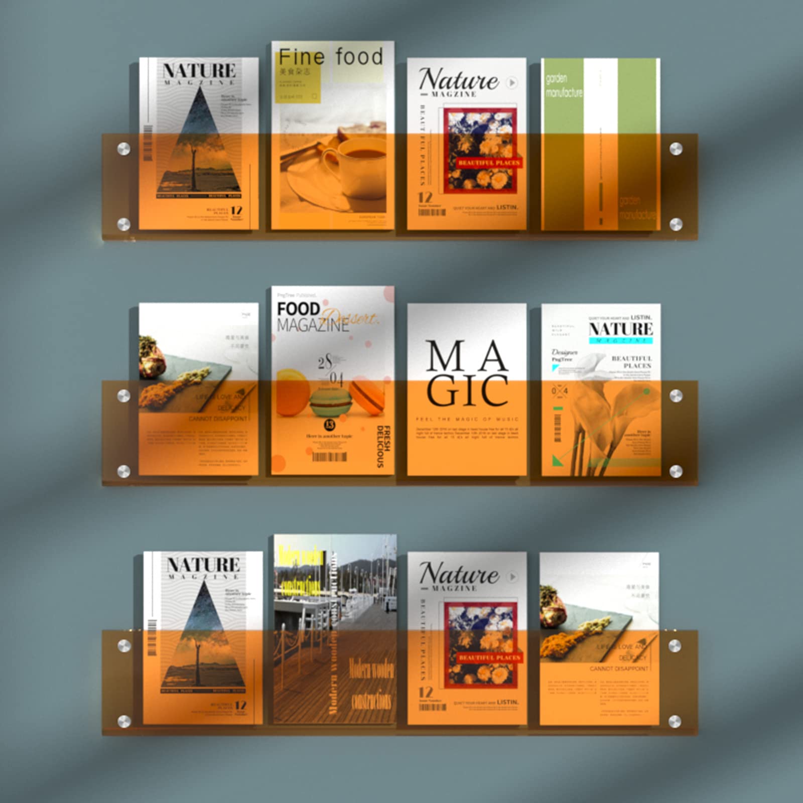 Juego de 2 estantes acrílicos montados en la pared para almacenamiento de revistas, diseño flotante para oficina o hogar, organizador moderno en color naranja (60 cm)