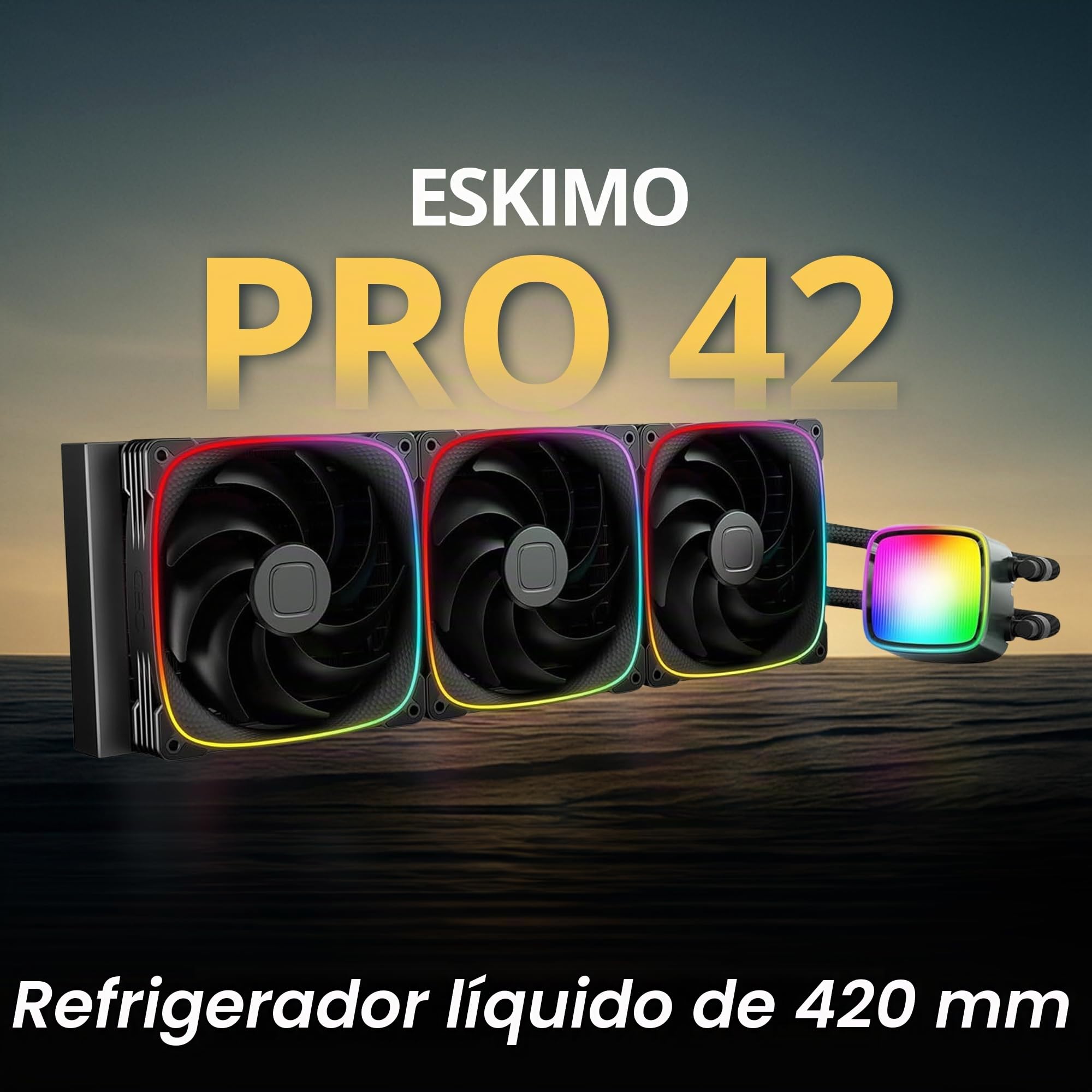 Geometric Future Eskimo Pro - Enfriador de agua líquido AIO CPU de 420 mm - RGB PWM Squama 2503B ventilador de 140 mm x 3 - Compatible con Intel® LGA 1700, AMD®AM5 - Negro (GEO-EP-42B)