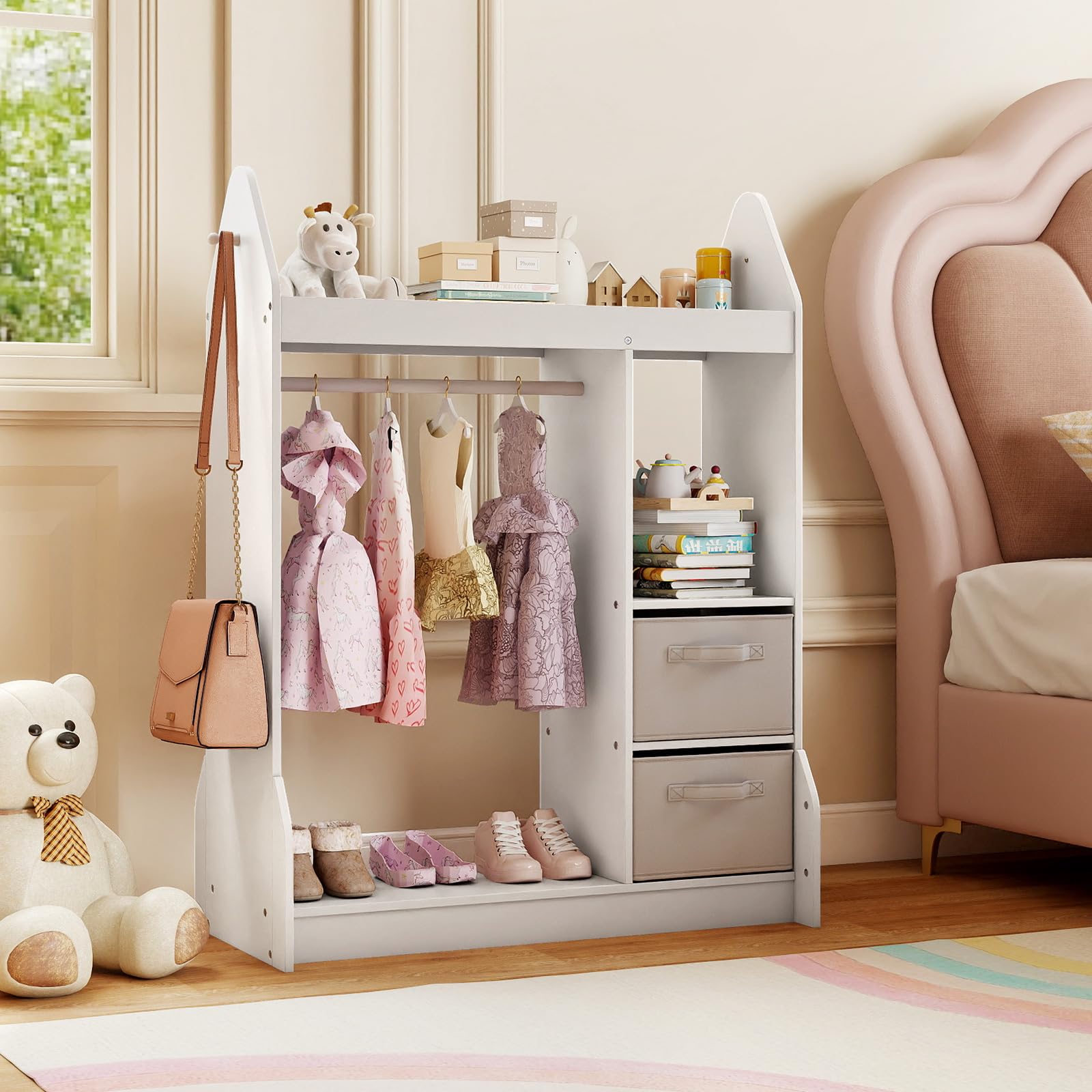 COSTWAY Portant à Vêtements Enfant avec Miroir en Acrylique & Cintre en Bois, Penderie Enfant avec 3 Étagères Ouvertes & 2 Bacs en Tissu, Garde-Robe pour Chambre d'enfant, 81x75x107 cm (Blanc)