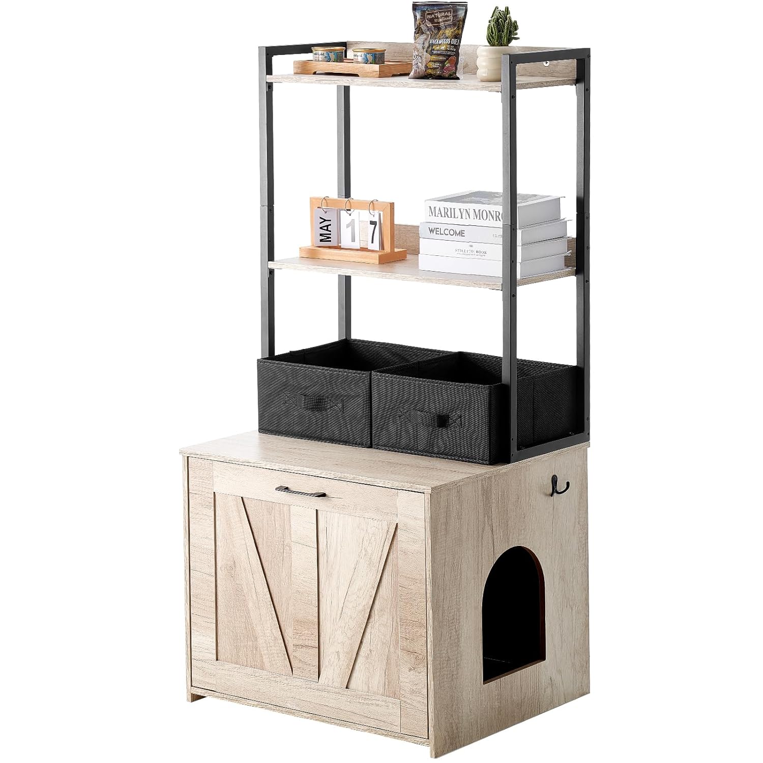 VEVOR Cat Litter Box Enclosure, Hidden Litter Box Furniture with 2 Storage Shelves & 2 Baskets, Wooden Cat Washroom Indoor, Cat House Cabinet Fit Most of Litter Box, 23.6"L x 19.7"W x 50"H, Natural 10