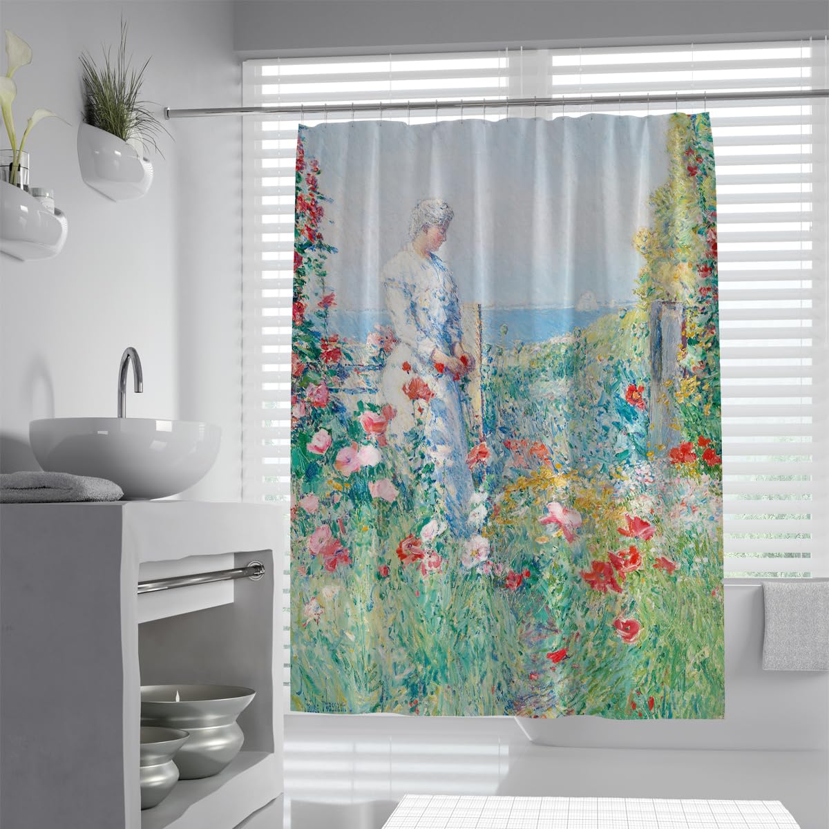 UIRINGART Childe Hassam Celia Thaxter Garden Shower Curtain W120xL180cm American Impressionism Red Poppies Anti Mould Mildew Resistant Waterproof Fabric Bathroom Curtains with Hooks for Wet Room