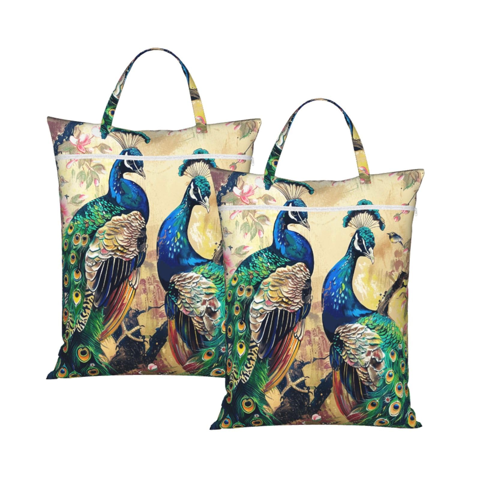 Large Travel Laundry Bags,Peacocks Print with Handle Foldable Laundry Bag for Holidays Gym Swimming and Family Trips, 2Pcs