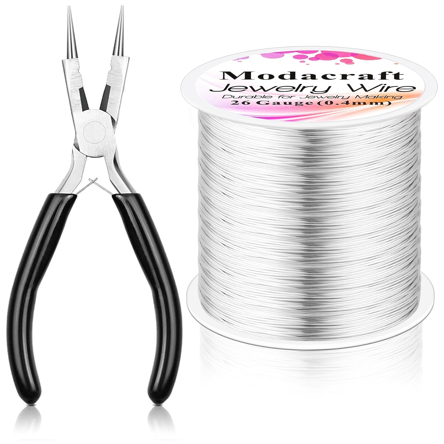 Modacraft 26 Gauge Wire for Jewelry Making with Multipurpose Piler, 328.1 FT/0.4 mm Craft Silver Jewelry Wire Tarnish Resistant Copper Beading Making Supplies and Crafting (Silver)